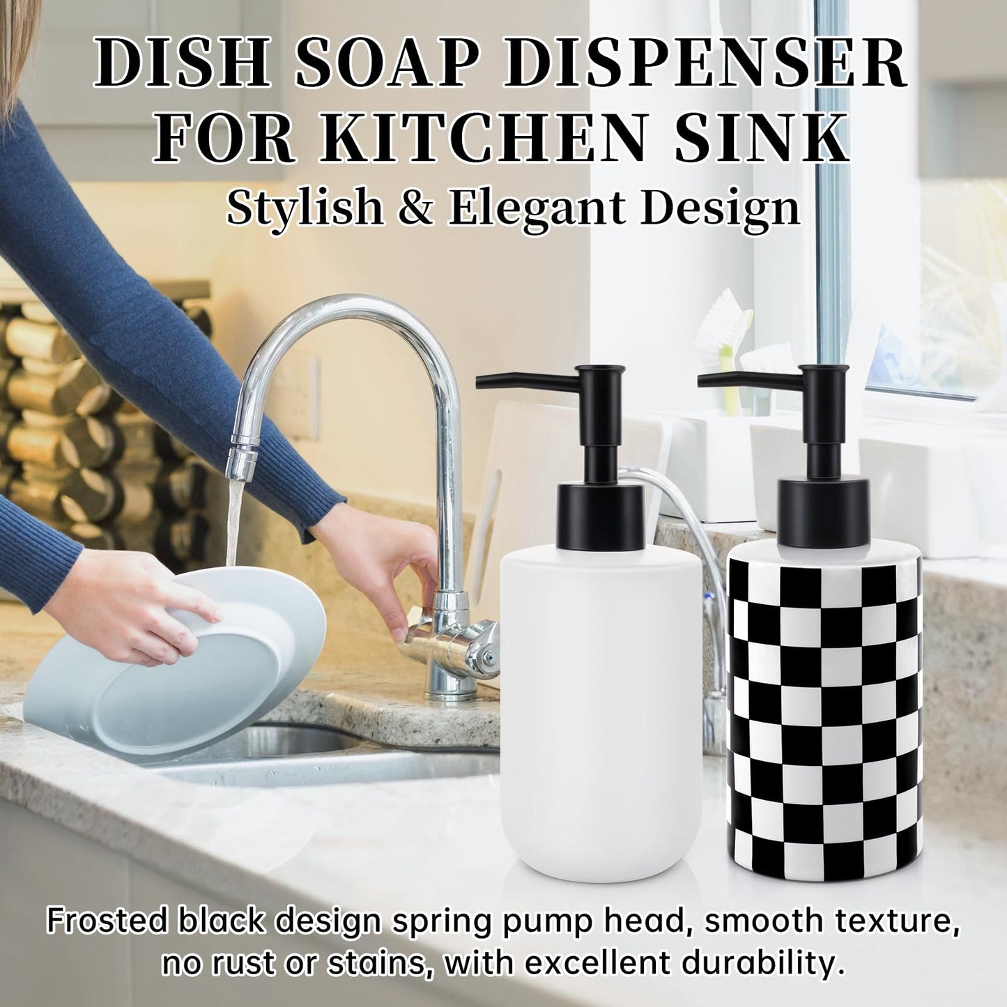 Soap Dispenser with Matte Black Pump, Ceramic Soap Dispenser Bathroom, Checkerboard Dish Soap Lotion Dispenser for Kitchen Sink