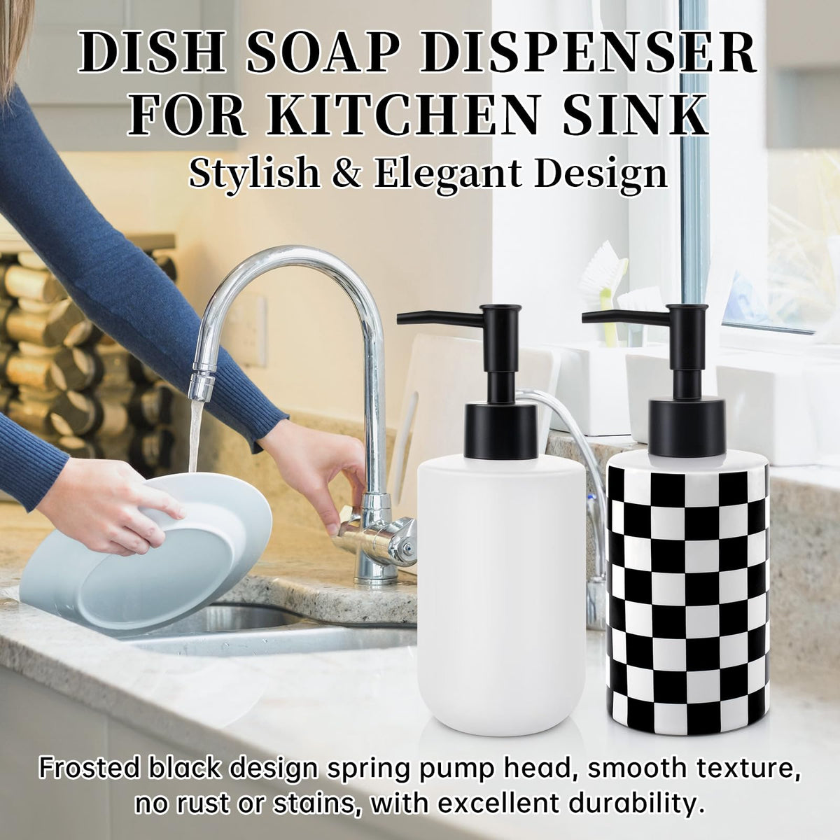 Soap Dispenser with Matte Black Pump, Ceramic Soap Dispenser Bathroom, Checkerboard Dish Soap Lotion Dispenser for Kitchen Sink
