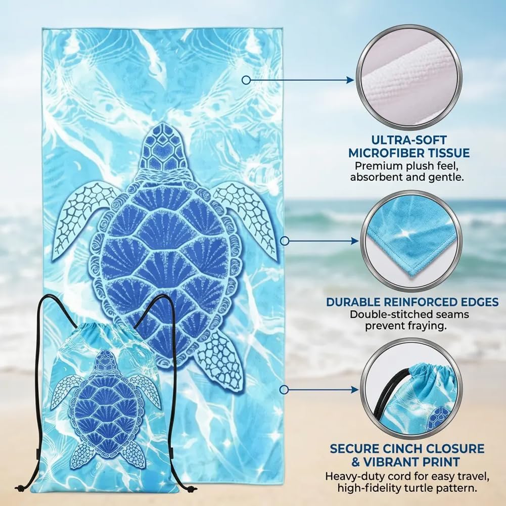 ZPSOSPZ Turtle Printed Microfibre Towel 160×80 cm,Travel Towel with Bag