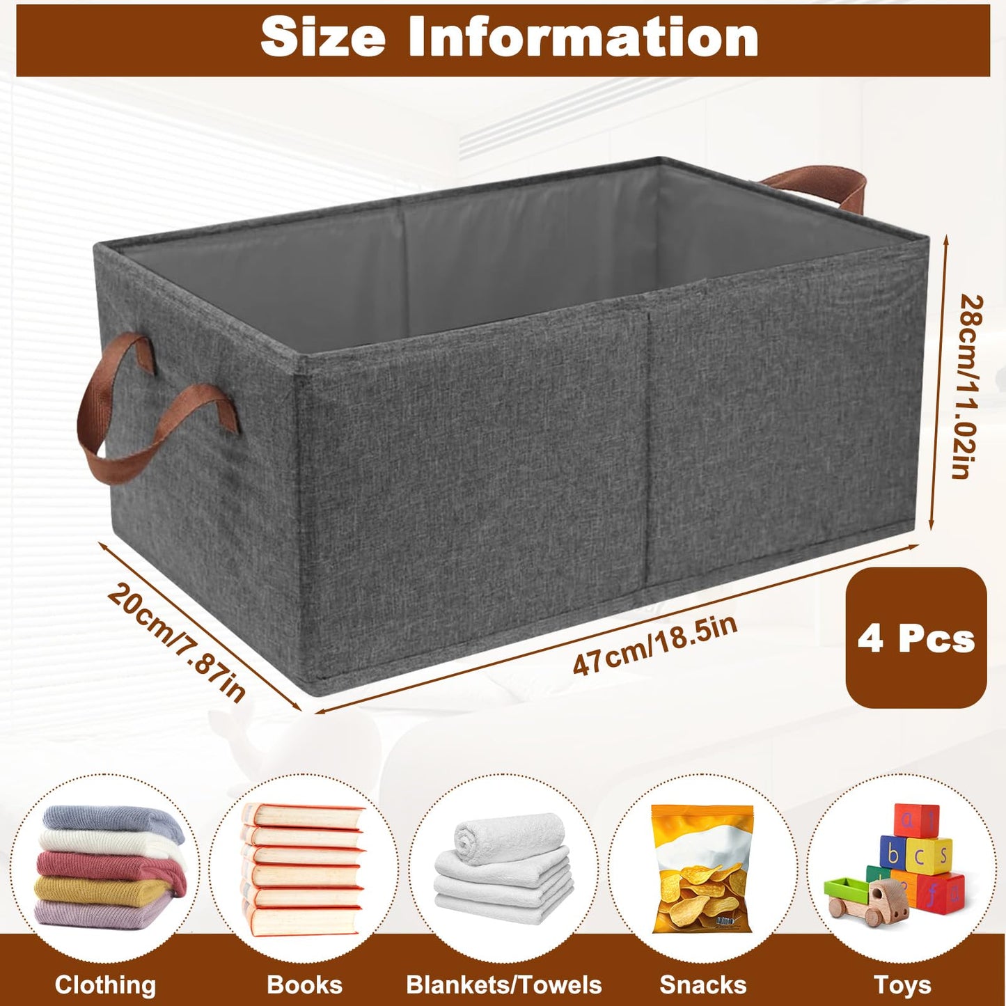 4 Pack Wardrobe Storage Organiser with Handles, Foldable Clothes Storage Baskets for Shelves, Collapsible Fabric Closet Shelf Boxes
