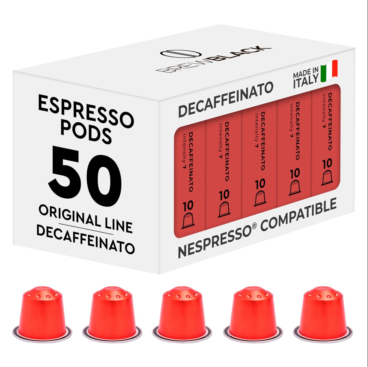 BrewBlack Decaffeinato Coffee Capsules - 50 Aluminium Coffee Pods Compatible with Nespresso Original line, Medium Roast - Intensity 7/12, Made in