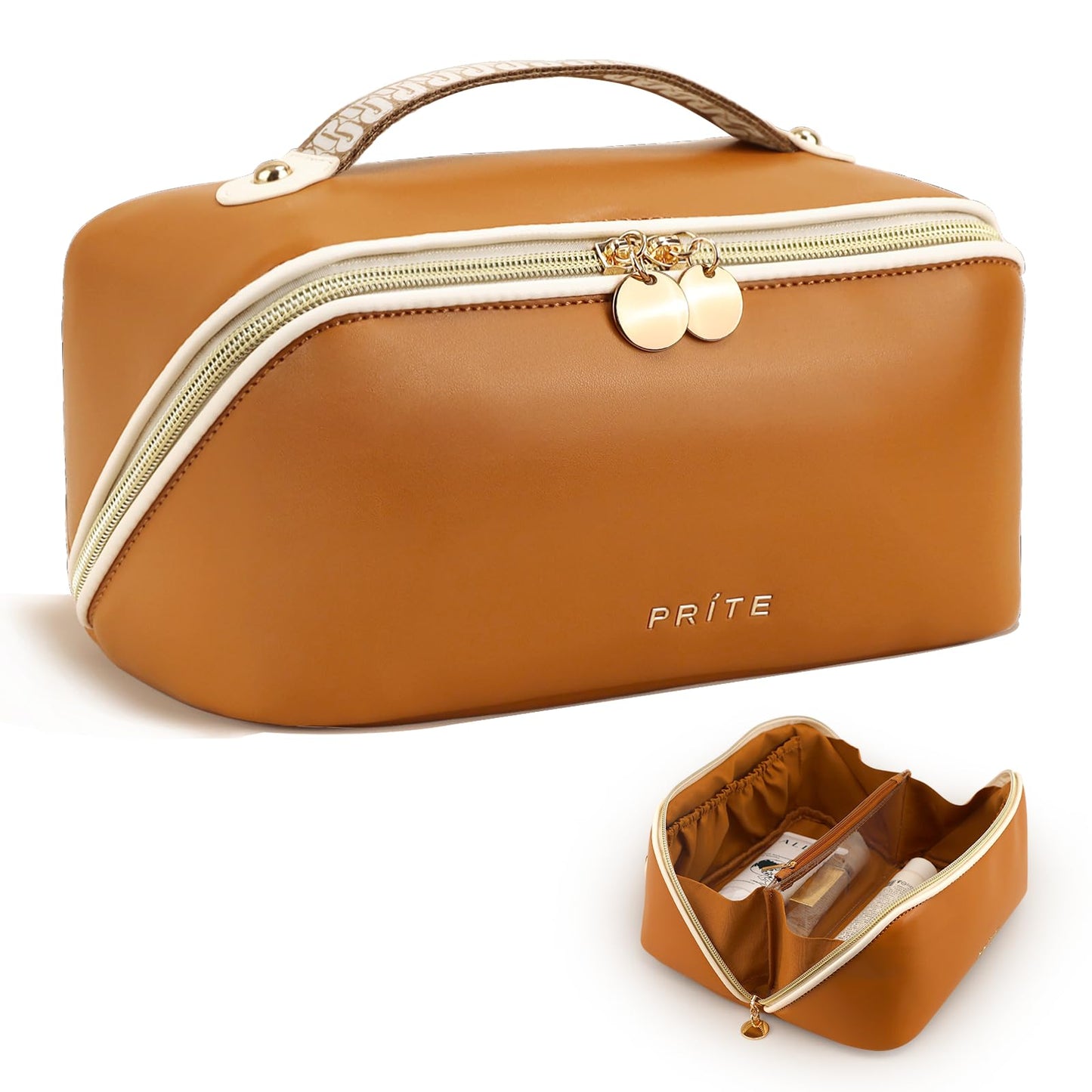 Prite Large Capacity Makeup Bag Portable Travel Cosmetic Bag Waterproof Toiletry Case with Clear Divider and Handle (Brown M)