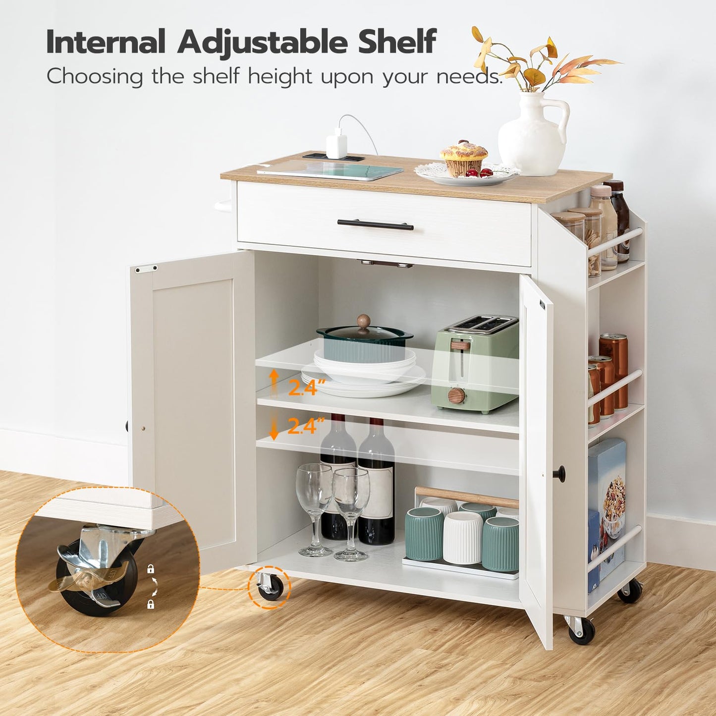 HOOBRO Kitchen Island on Wheels, Rolling Kitchen Island Storage Trolley with Spice Rack and Drawer, with Power Outlet, Utility Serving Cart, for Home