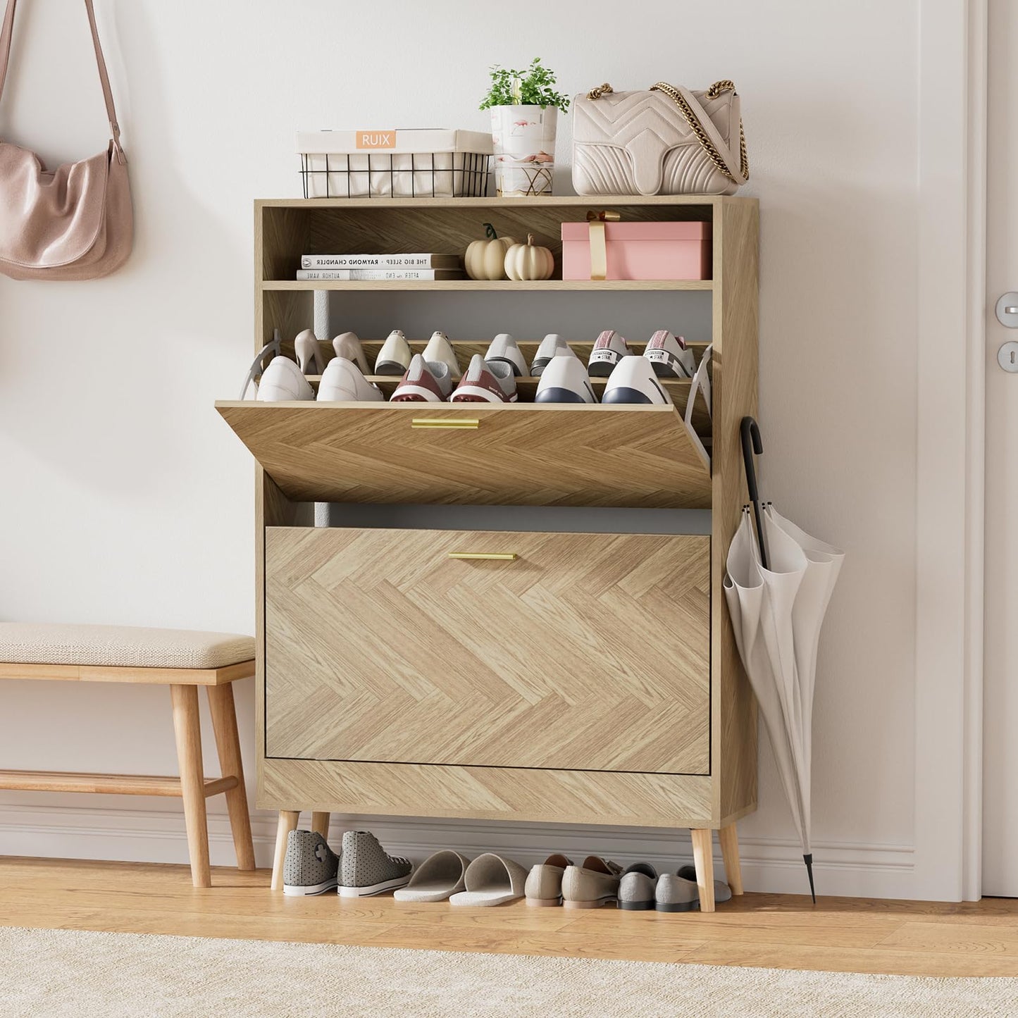 Skokliz Shoe Storage Cabinet, Narrow Shoes Cupboard with 2 Flip Drawers and Open Compartment