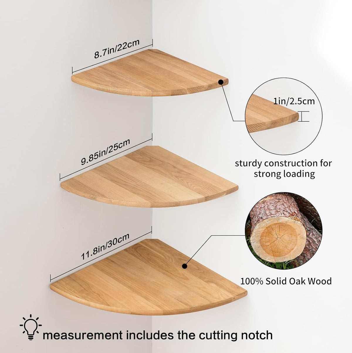 GIEANOO Natural Oak Corner Shelves Wall Mount, Set of 3 Oak Wood Floating Corner Wall Shelves Floating Speaker Small Corner Plant Stand for