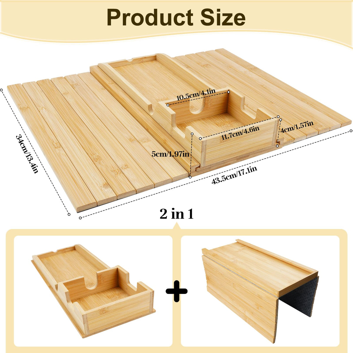 Bamboo Sofa Arm Tray, Foldable Table with Cup Holder and Remote Caddy