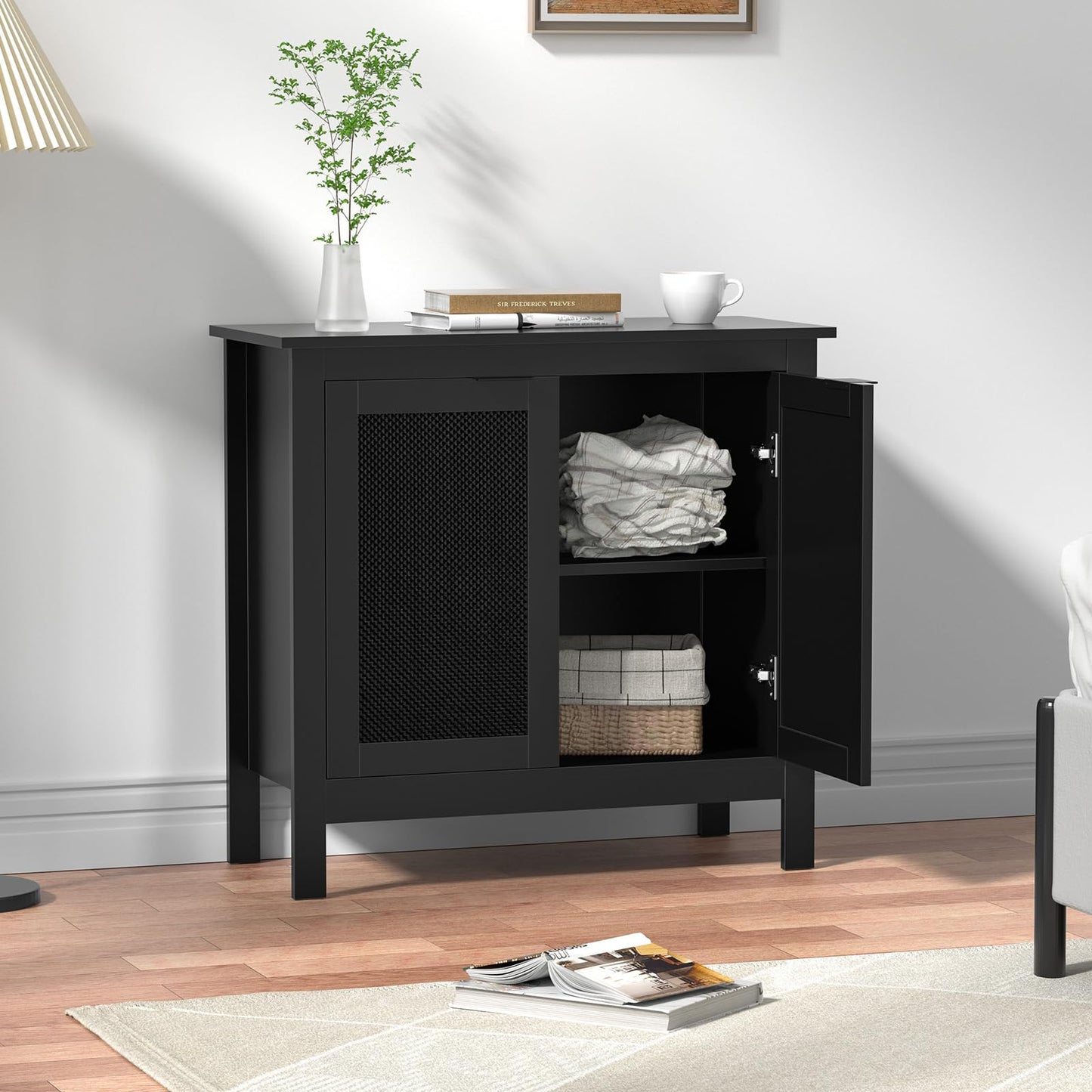 Yvsevnr Rattan Buffet Cabinet Black Sideboard Kitchen Cupboard Storage Cabinet with Adjustable Shelf, Solid Wood Legs