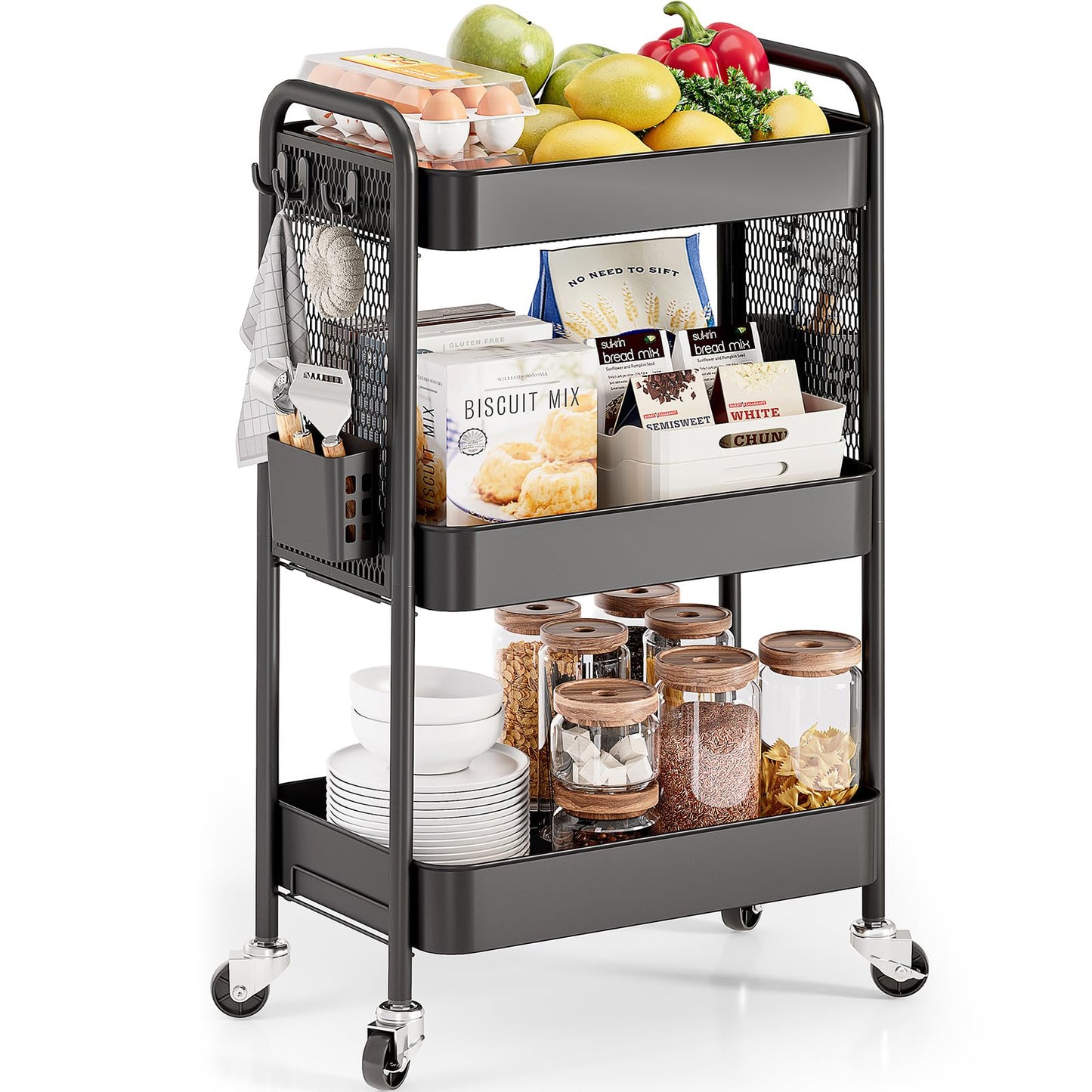 Urackify 3 Tier Storage Trolley on Wheels, Black
