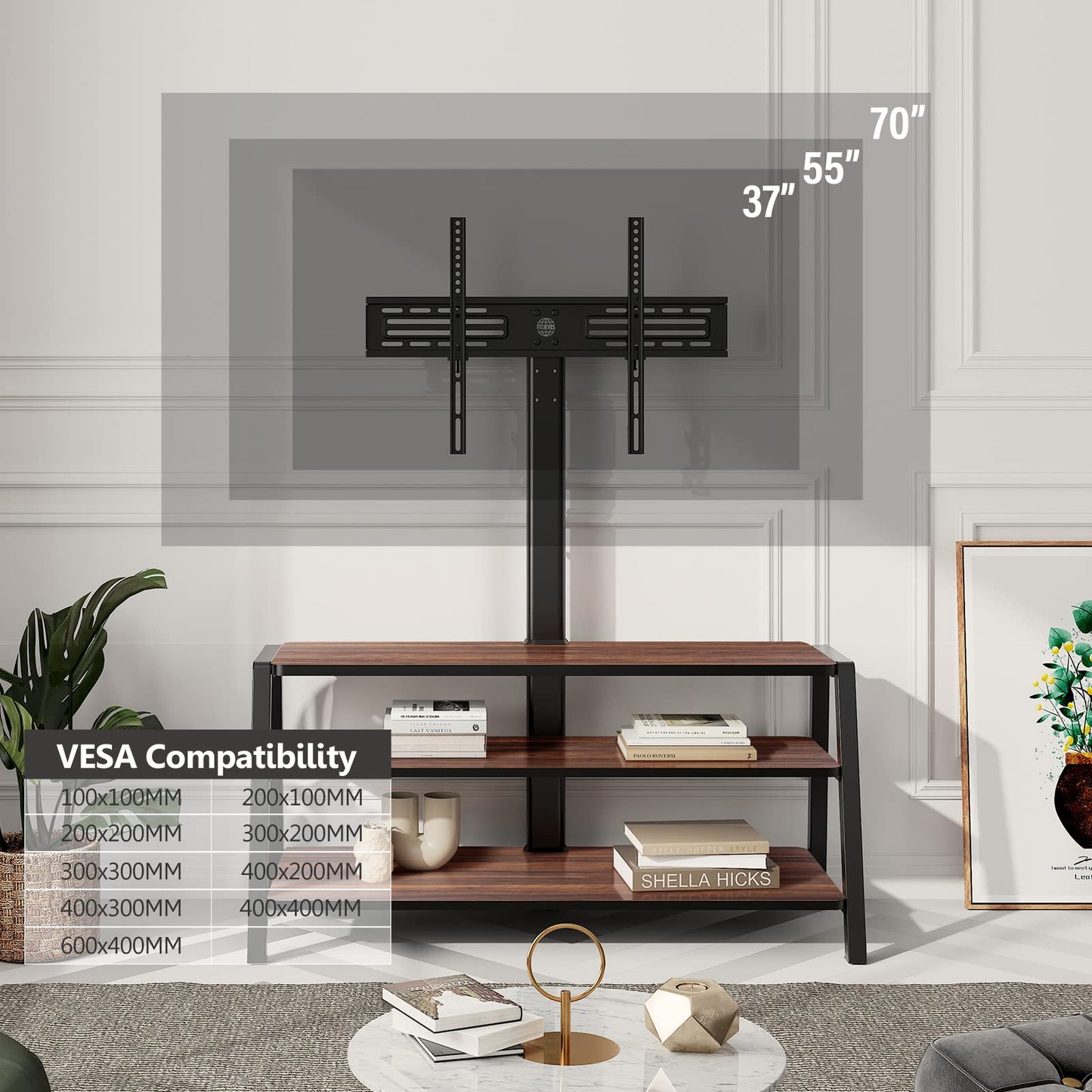 FITUEYES TV Stand Cabinet with Bracket for 37" - 70", Golden Walnut