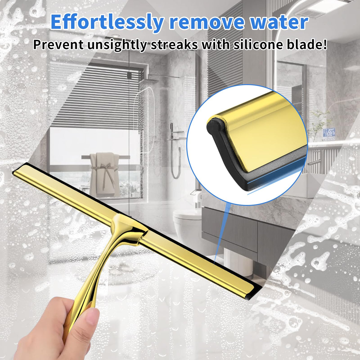 Suimlmta Shower Squeegee Gold 10Inch Window Bathroom Squeegee Metal Shower Screen Wiper with Hook Window Scraper Cleaner for Shower Glass Door