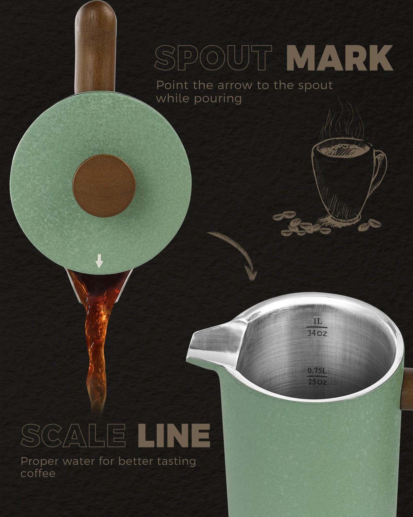 POLIVIAR Cafetiere 8 Cup, French Press Coffee Maker with Wood Handle, Double Walled Insulated Cafetiere &1 Extra Filter, Insulated 1L French Press for