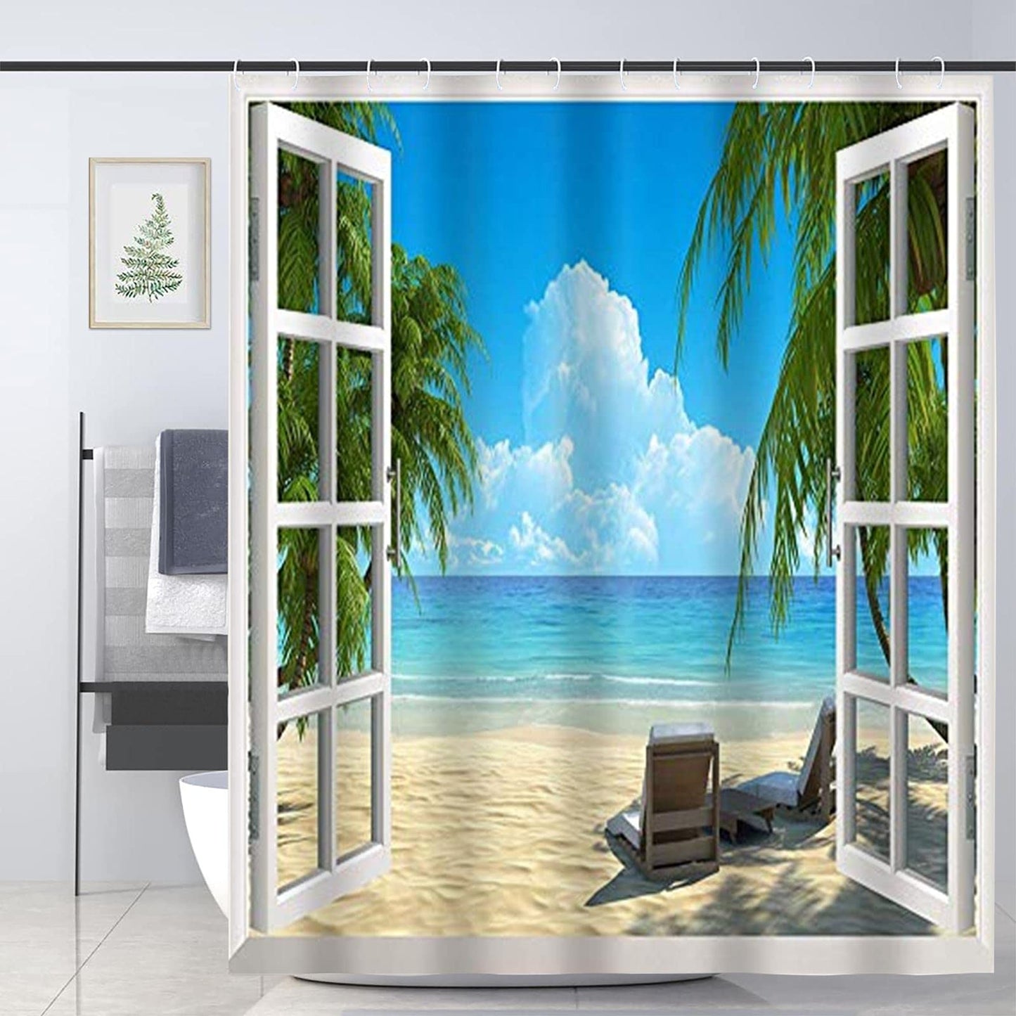 JOOCAR Garden Shower Curtain, Palm Tree Decor Ocean Beach Seascape Through White Wooden Windows Summer Scene Tropical Island Blue Green