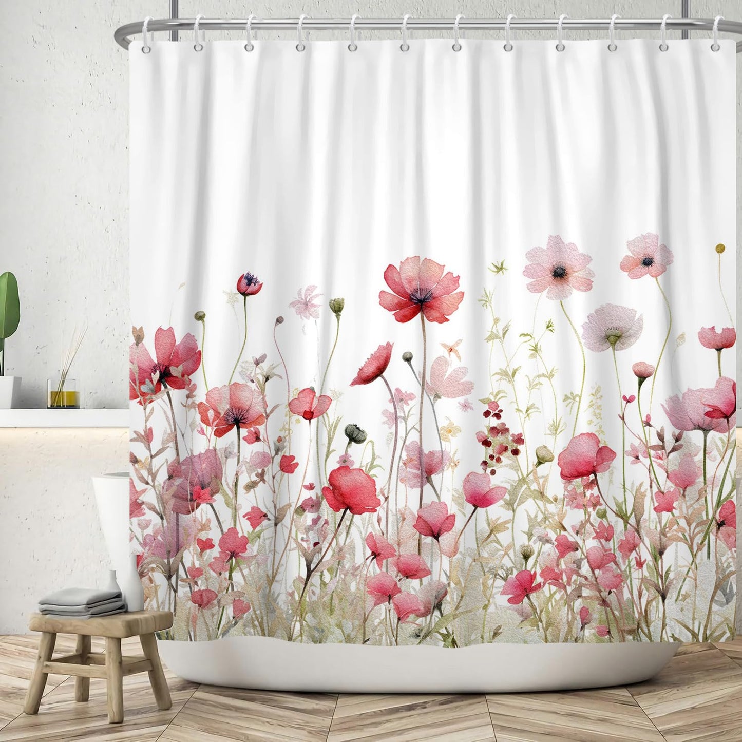 ASDCXZ Flower Shower Curtain 180x200 cm, Spring Hand Painted Red Rose Flowers Green Leaves White Bath Washable Shower Curtains Polyester Textile