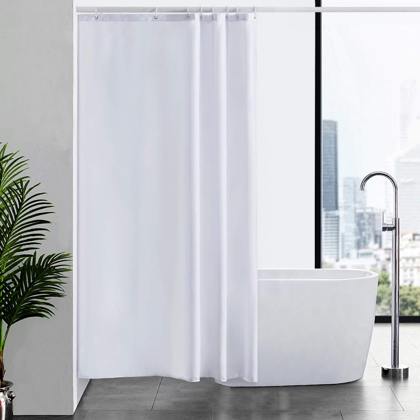 Furlinic White Shower Curtain Mould Proof Resistantand Waterproof Washable Polyester Fabric Bath Curtains with Weight Tape 8 Hooks for Wetroom 47x78