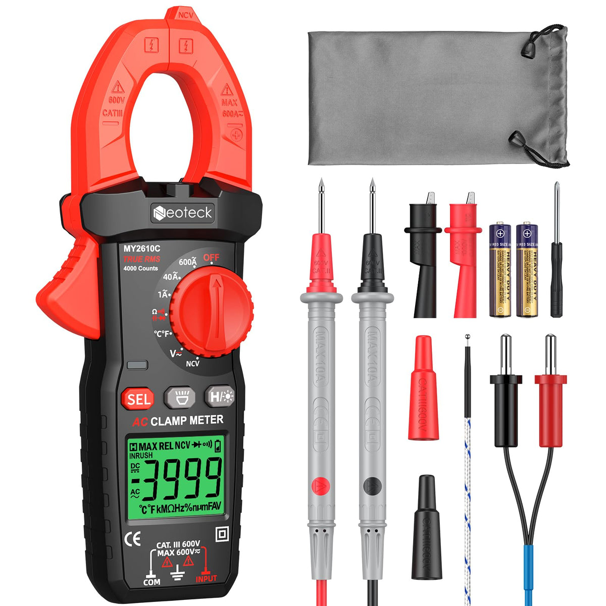 Neoteck Digital Clamp Meter 600A AC, 4000 Counts TRMS Auto-Ranging Multimeter ? AC/DC Voltage, Resistance, Continuity, Diode, NCV, Flashlight ?