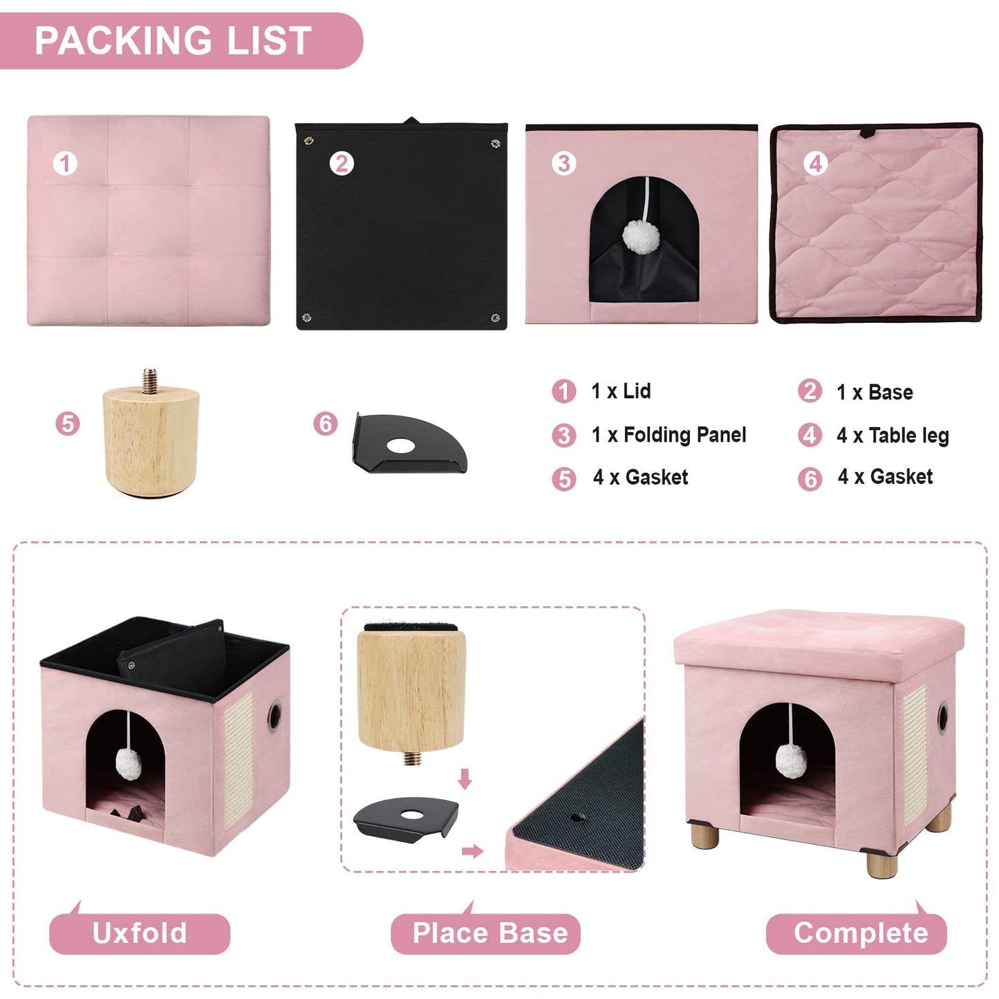 BRIAN & DANY Cat Cave for Indoor Cats, Multifunctional Cat Cube House with Scratch Board & Ball, Foldable Cat Bed, 37.5 x 32.5 x 36 cm, Pink