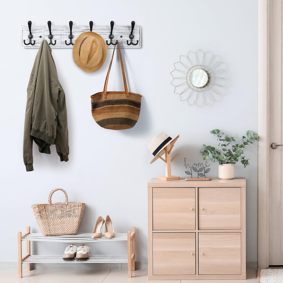PHINGEER Wall Mounted Coat Hooks, Wooden Heavy Duty Coat Rack for Wall,6 Triple Coat Hanger Hooks for Hanging Coats,Jacket,Hat,Clothes(Grey White, 6