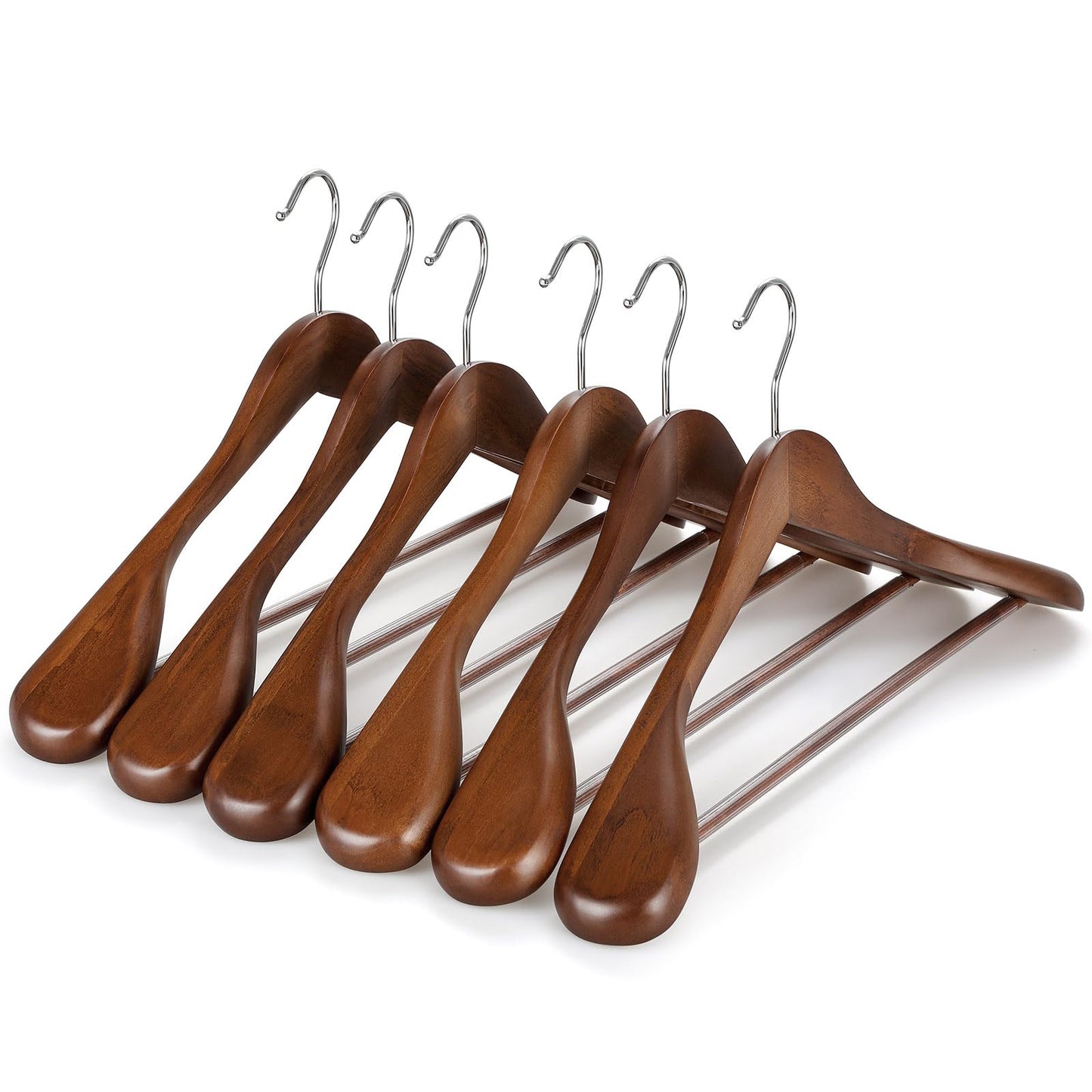 TOPIA HANGER Wide Shoulder Wooden Hangers, Suit Hangers with Non Slip Pants Bar & 360° Swivel Hook, Solid Wood Heavy Duty Coat Hanger, 6 Pack