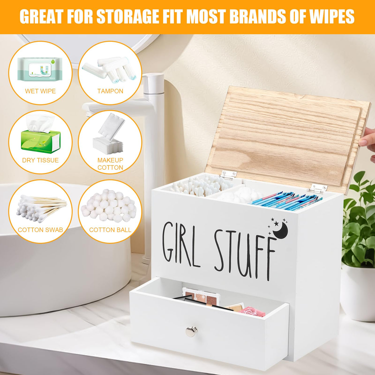BigKing Sanitary Napkin Organizer with Drawer and Lid, Wooden Sanitary Napkin Box, 24 x 14.1 x 22.2 cm, Mobile Divider, Bathroom Sanitary Napkin Box