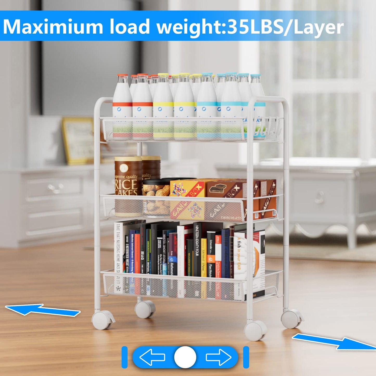 OVICAR Mesh Wire 3 Tier Rolling Cart, Kitchen Storage Utility Cart, Multifunction Basket Stand for Bathroom