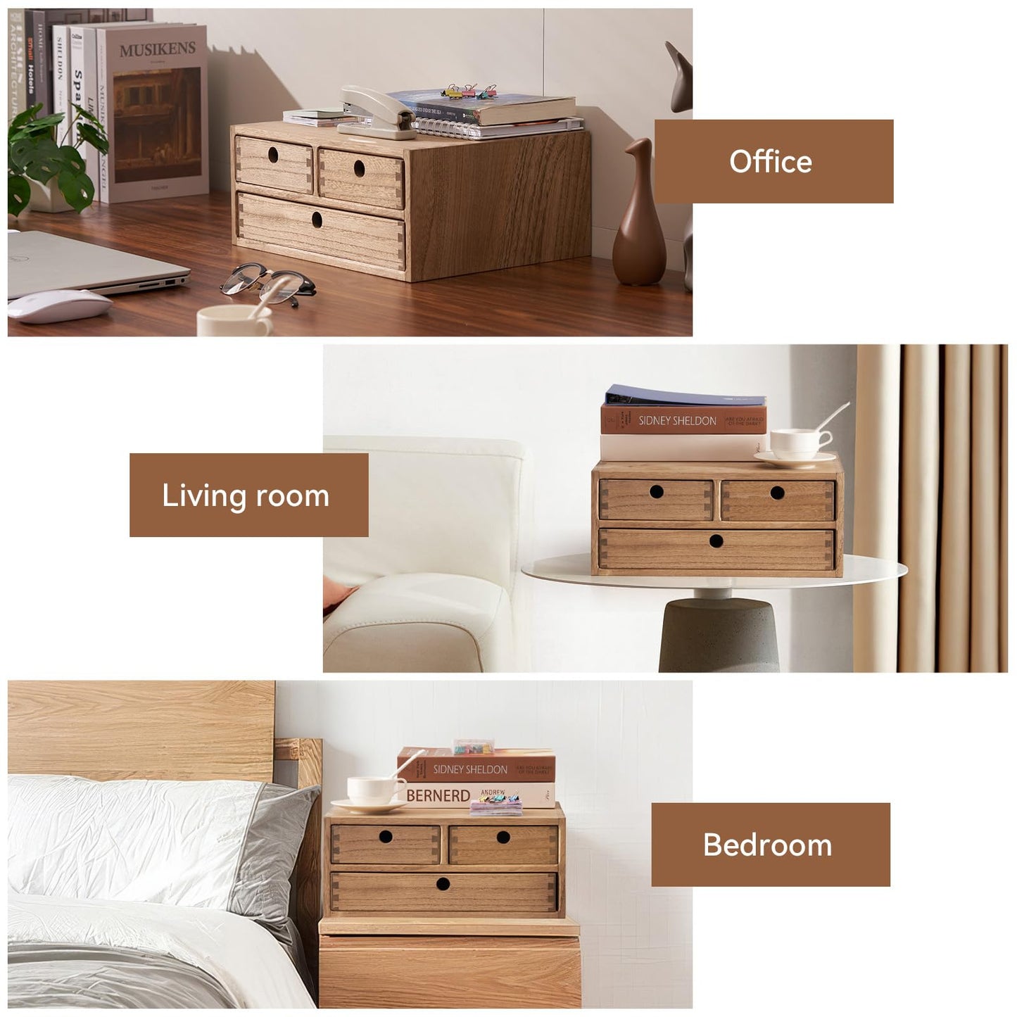 KIRIGEN Wooden Desktop Organizer Office Supplies Filing Tidy Storage Shelf Storage Cabinet Jewelry Organizer with 3 Drawers Dark Brown