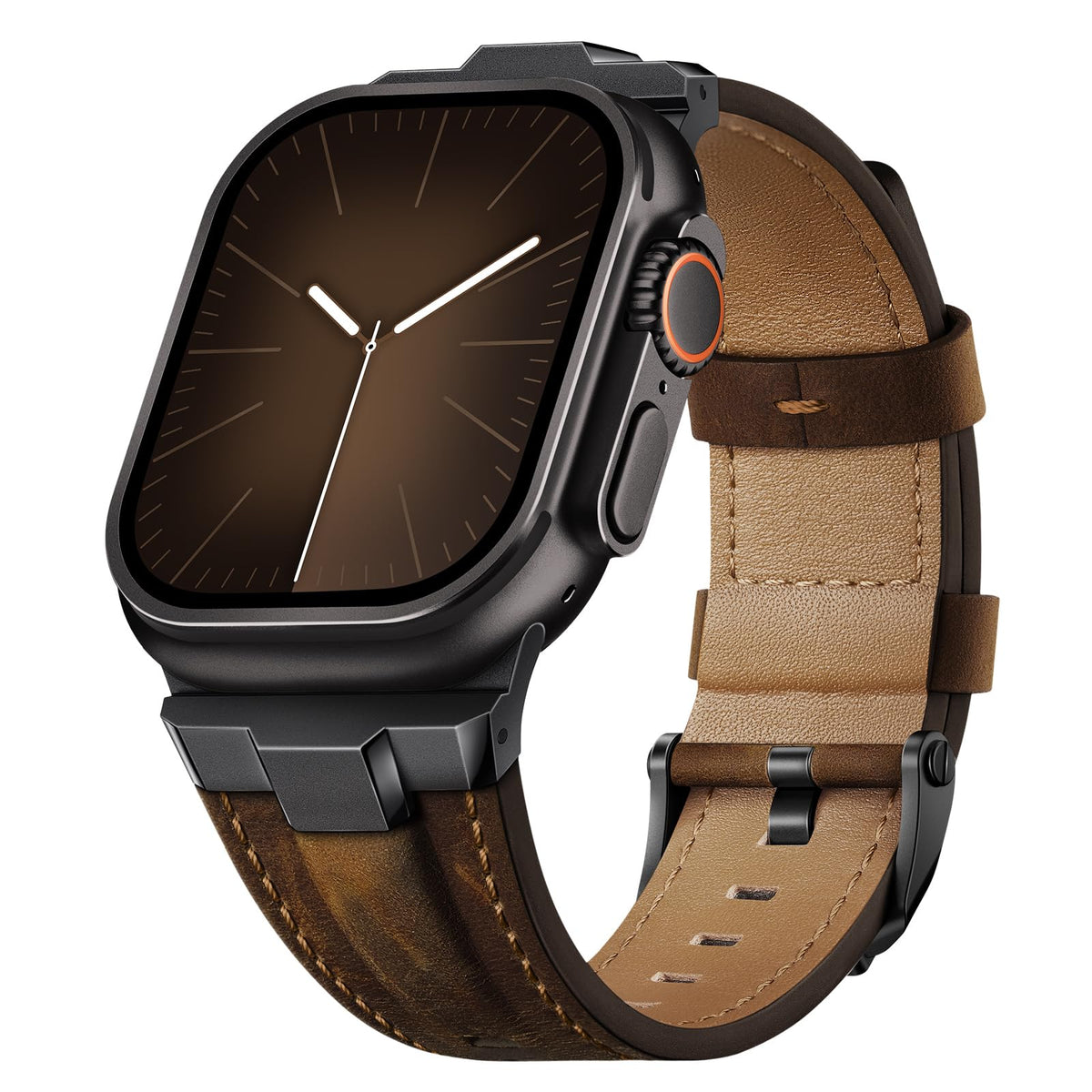 Suitisbest Genuine Leather Band Compatible for Apple Watch Ultra 3/2/1 Straps 49mm 46mm 45mm 44mm 42mm, Rugged Metal Connector Strap for Women Men