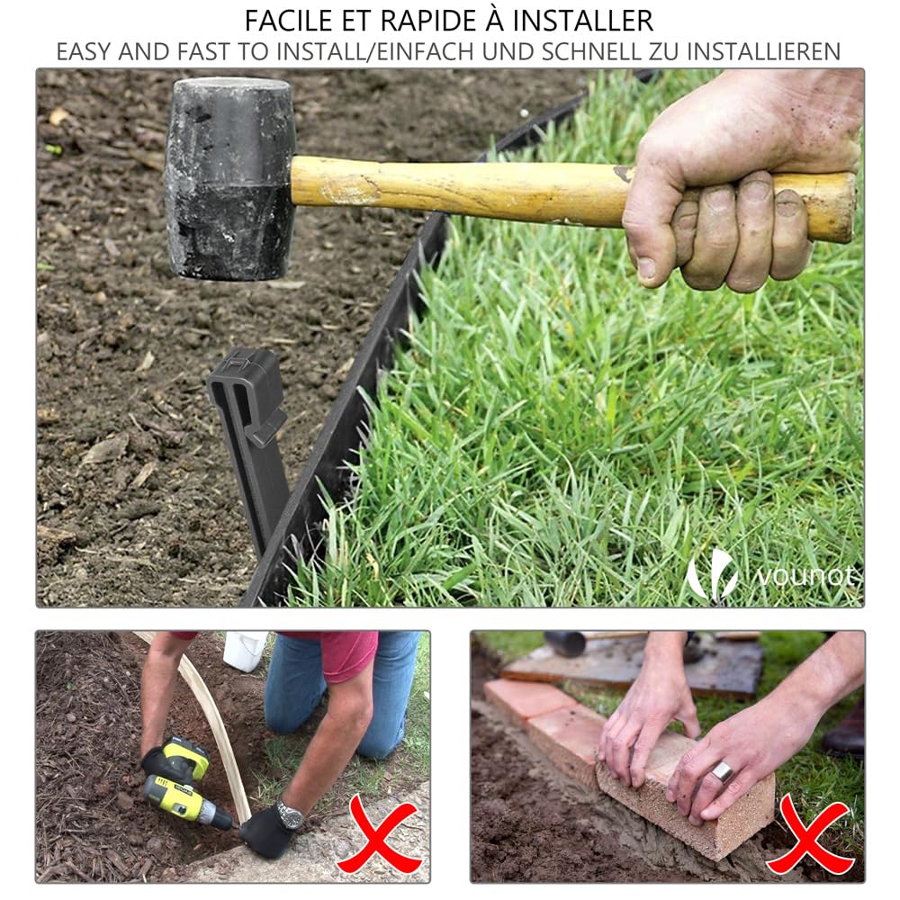 VOUNOT PE Garden Edging 20 Metres with 12 Anchor Pegs Flexible Lawn Edging Natural Look Height 13 cm Thickness 4 mm Grey
