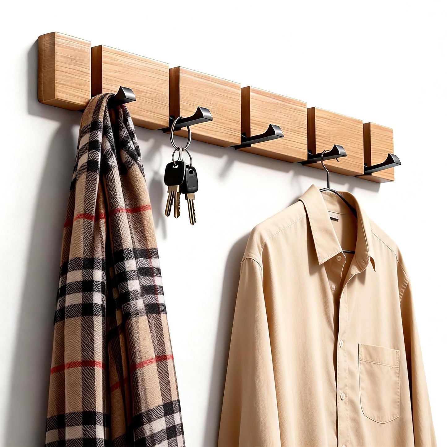 EHIOG Flip 5-Hook Wall Mounted Coat Rack, Wooden Modern Flip Down for Hanging Hats, Sleek, Wood Heavy Duty Entryway Wall Hangers for Hanging Towels