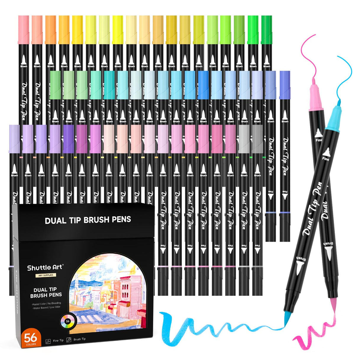 Shuttle Art Pastel Brush Pens, 56 Pastel Colouring Pens, Dual Tip Brush Markers with Fineliner Tip, Drawing Felt Tip Pens for Adults Colouring Books,