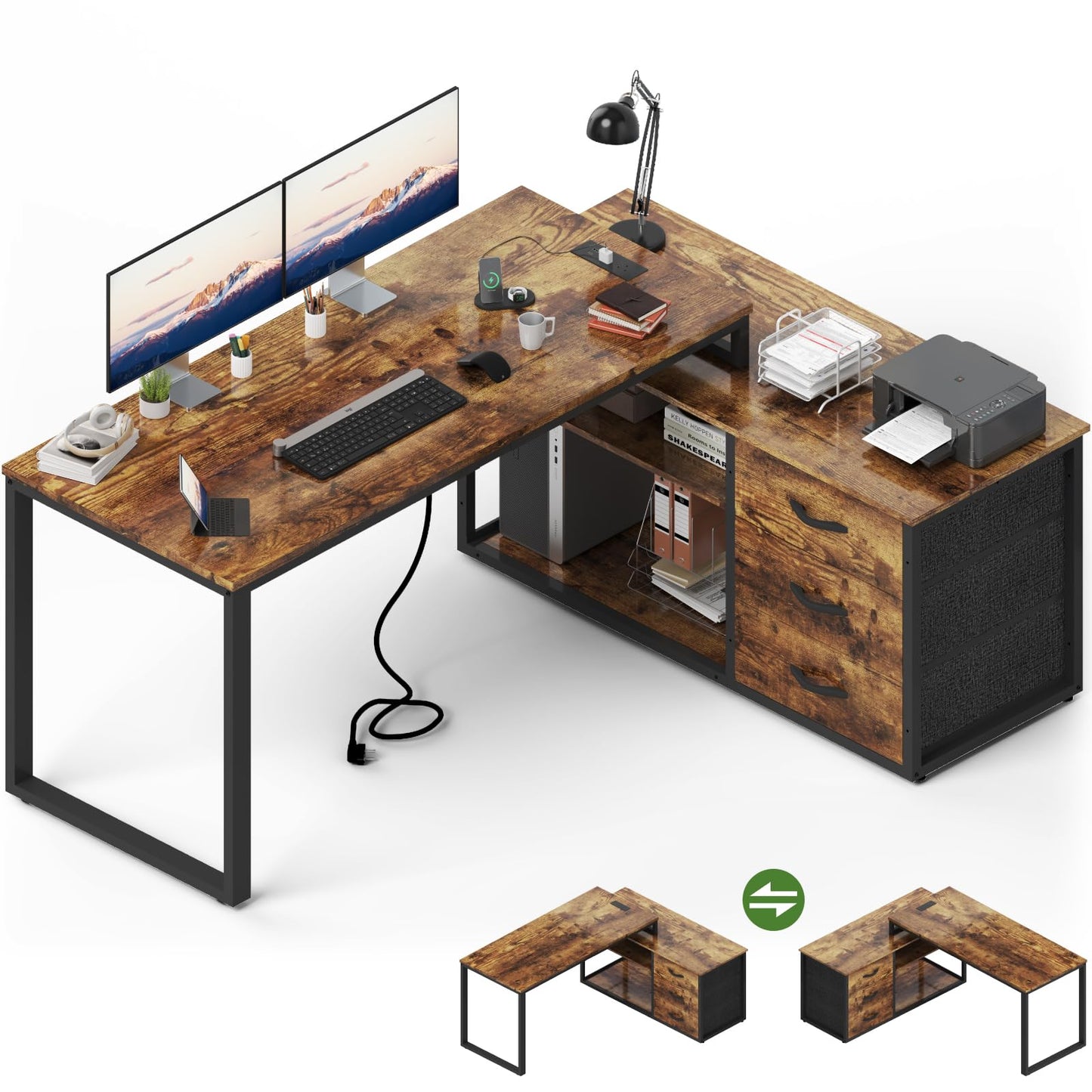 JUMMICO Corner Desk with 3 Drawers, Reversible L Shaped Computer Desk 140x105cm with Extra Storage Space,Office Desks with Power Outlet,Adjustable