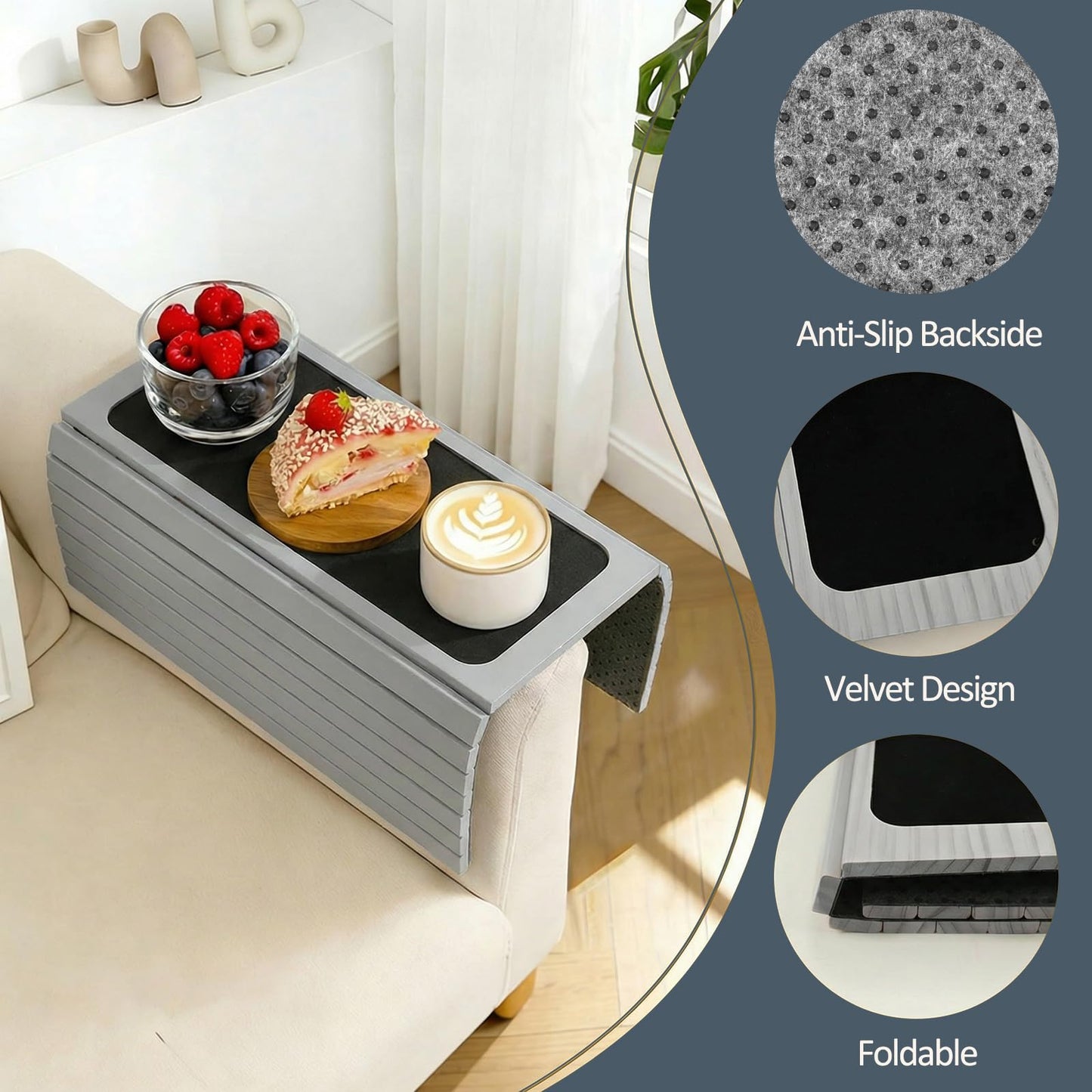 Sofa Arm Tray Natural Bamboo, Foldable Couch Arm Table with Black Coaster, Non-Slip Sofa Armrest Organizer for Recliners and Sectionals