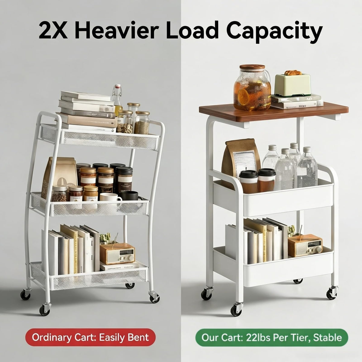 3 Tier Metal Rolling Utility Cart Organizer with Walnut Table Top, Stable and Sturdy Rolling Storage Carts with 2 Lockable Wheels for