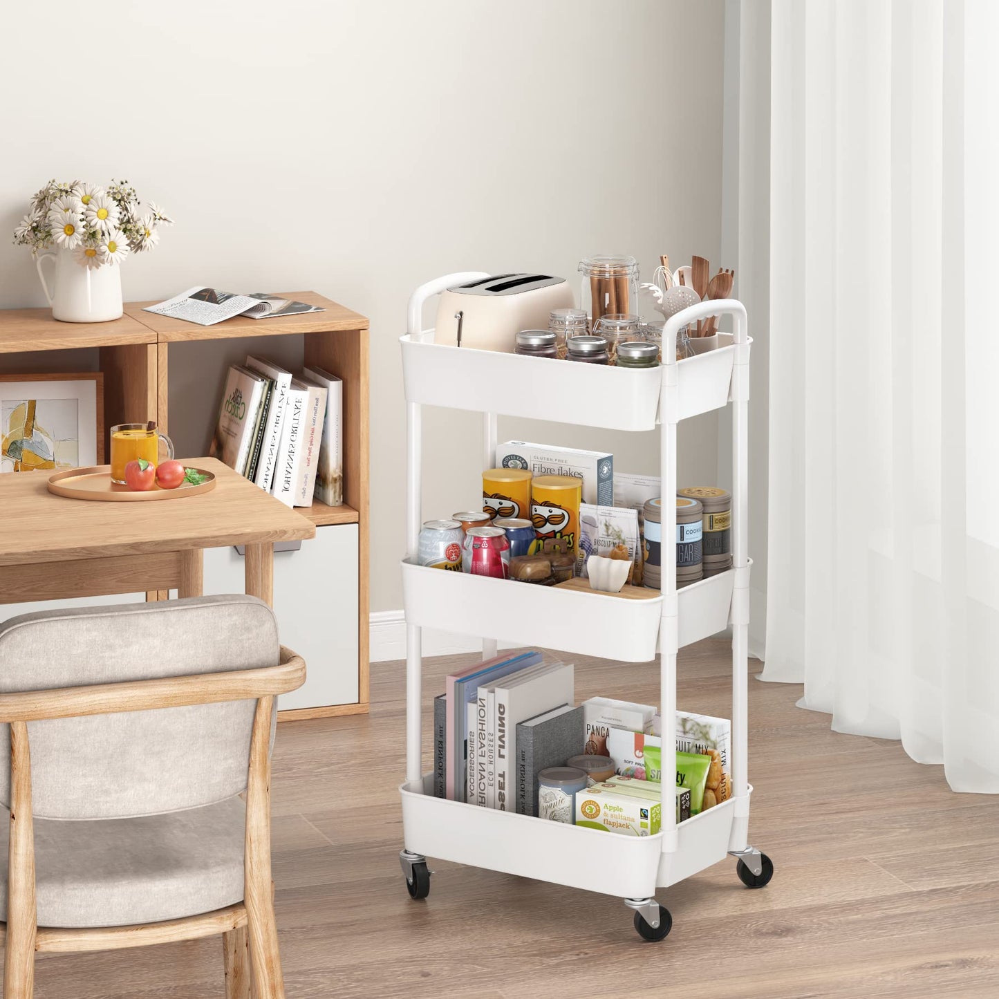 Sywhitta 3-tier Plastic Storage Trolley on Wheels, Kitchen Storage Utility Cart, Rolling Storage Rack for Bedroom, Bathroom, Office, White