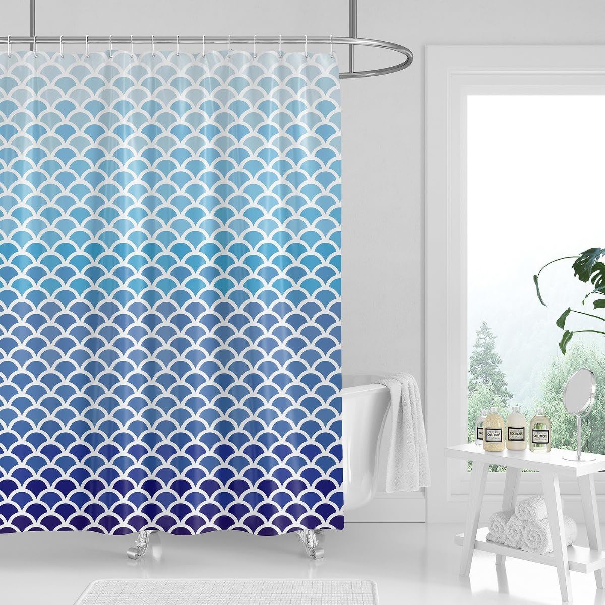 Tennove Shower Curtain Mould Resistant 240x200cm Drop Geometric Blue Bathroom Curtain Waterproof Polyester Fabric Wet Room Bathtub Shower