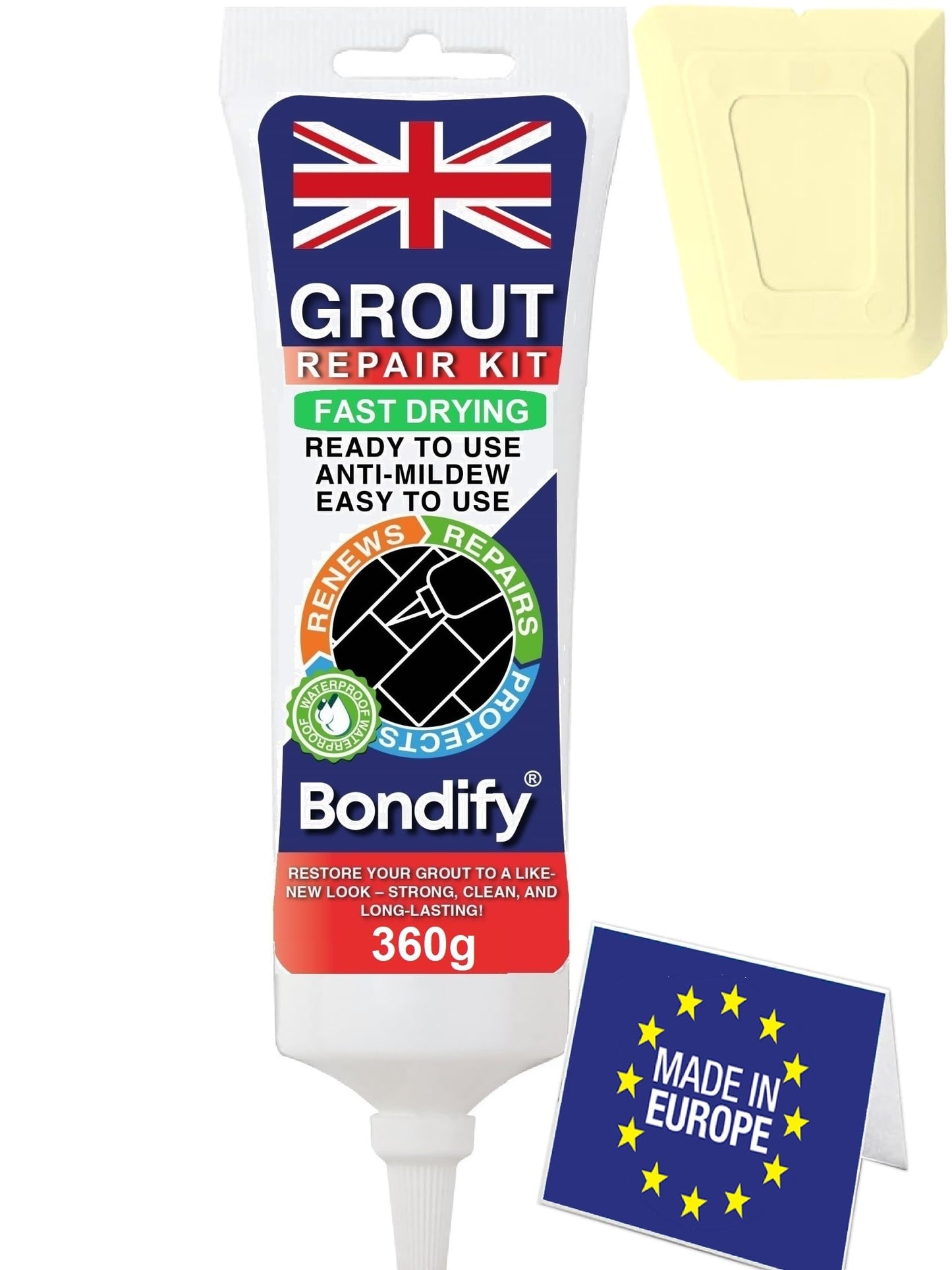BONDIFY Waterproof Cream Grout Repair Kit Ready Mixed, 360g FAST DRYING, EXTRA VOLUME Anti Mould Tile Grout Reviver Cream for Patio, Shower, Bathroom,