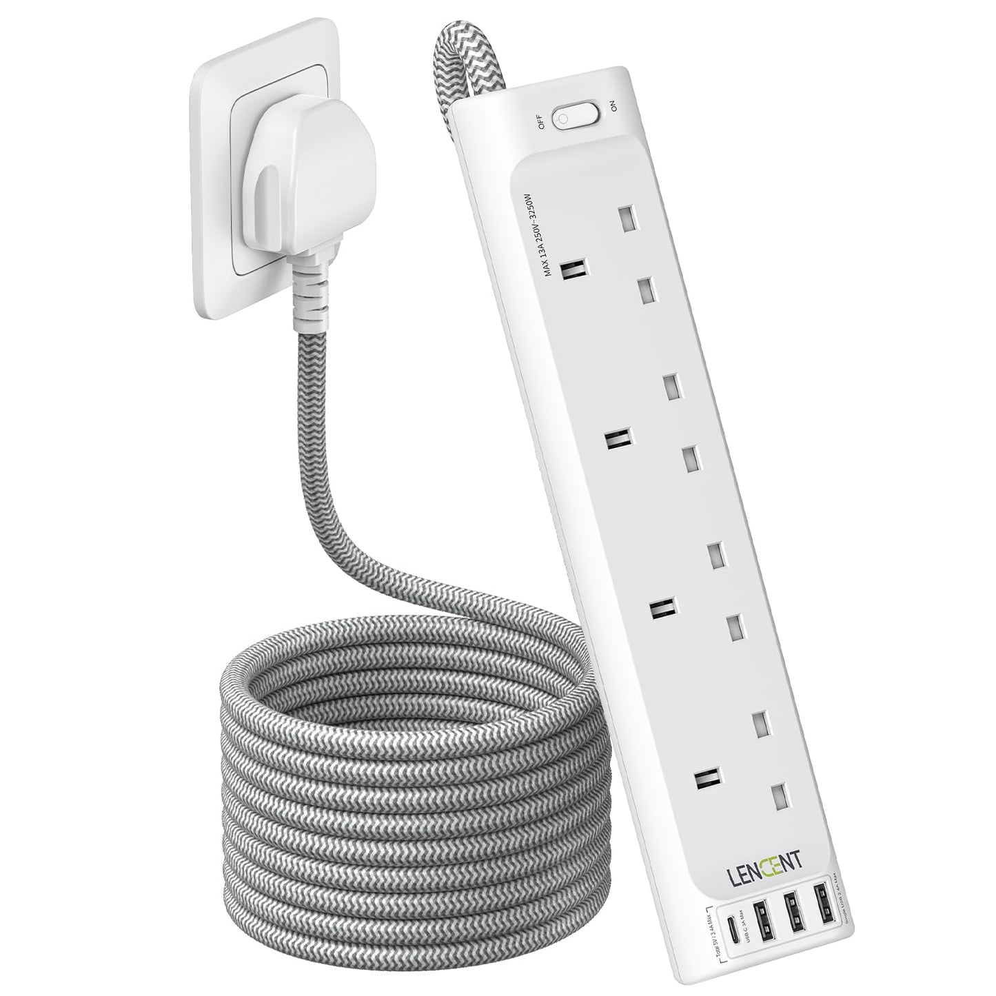 LENCENT Extension Lead with USB C Port, 4 Way Outlets Power Strip with 1 USB-C and 3 USB Slots, Multi Power Plug Extension Socket with 1.8M Braided