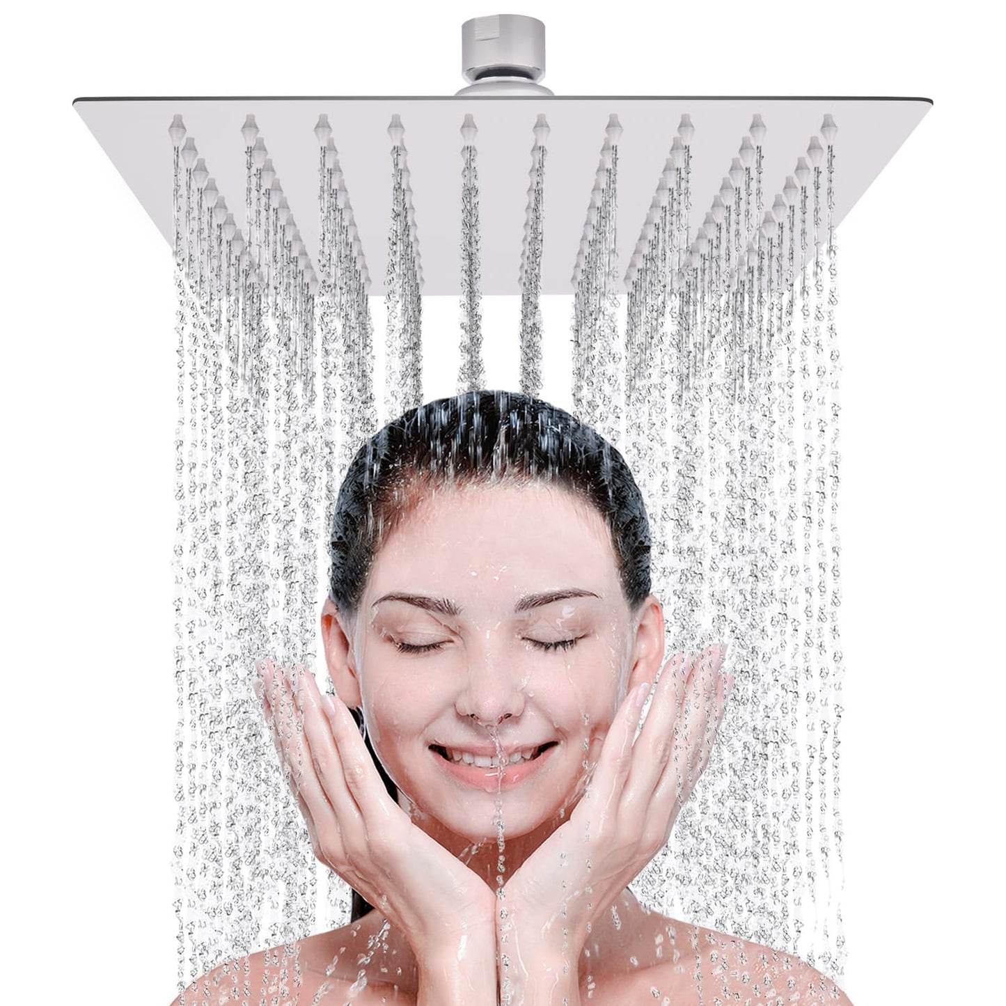 LIVOREST Square Rainfall Shower Head - 10 inch Large, Overhead Fixed Rain Showerhead with Angle Adjustment - Stainless Steel 304 with Chrome Finish -