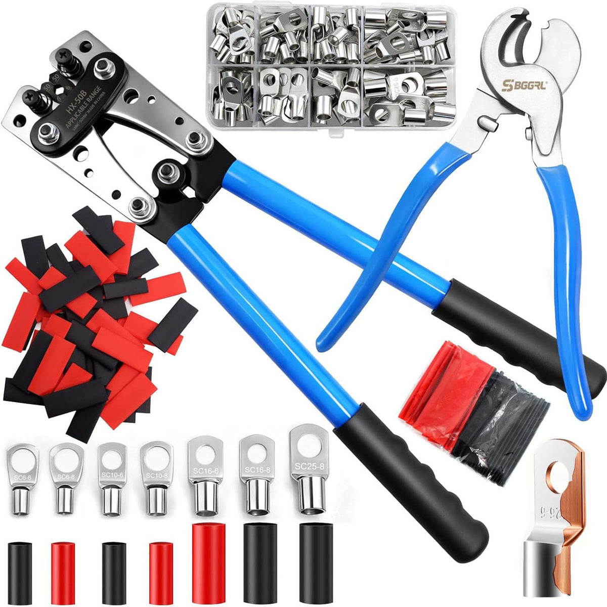 SBGGRL Battery Cable Lug Crimping Tool with Cutter, 80pcs Tinned Copper Ring Automotive Terminals & 100pcs Heat Shrink Tubing, 6/10/16/25/35/50 mm?