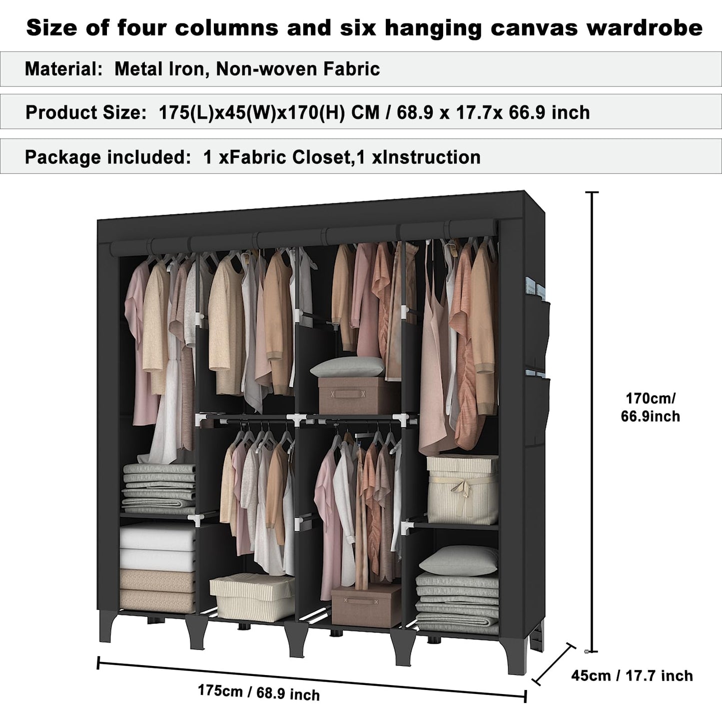 OPPAIYA Extra Large Canvas Wardrobe with 6 Hanging Rails, Portable Fabric Bedroom Wardrobes with 8 Shelves & 8 Side Pockets
