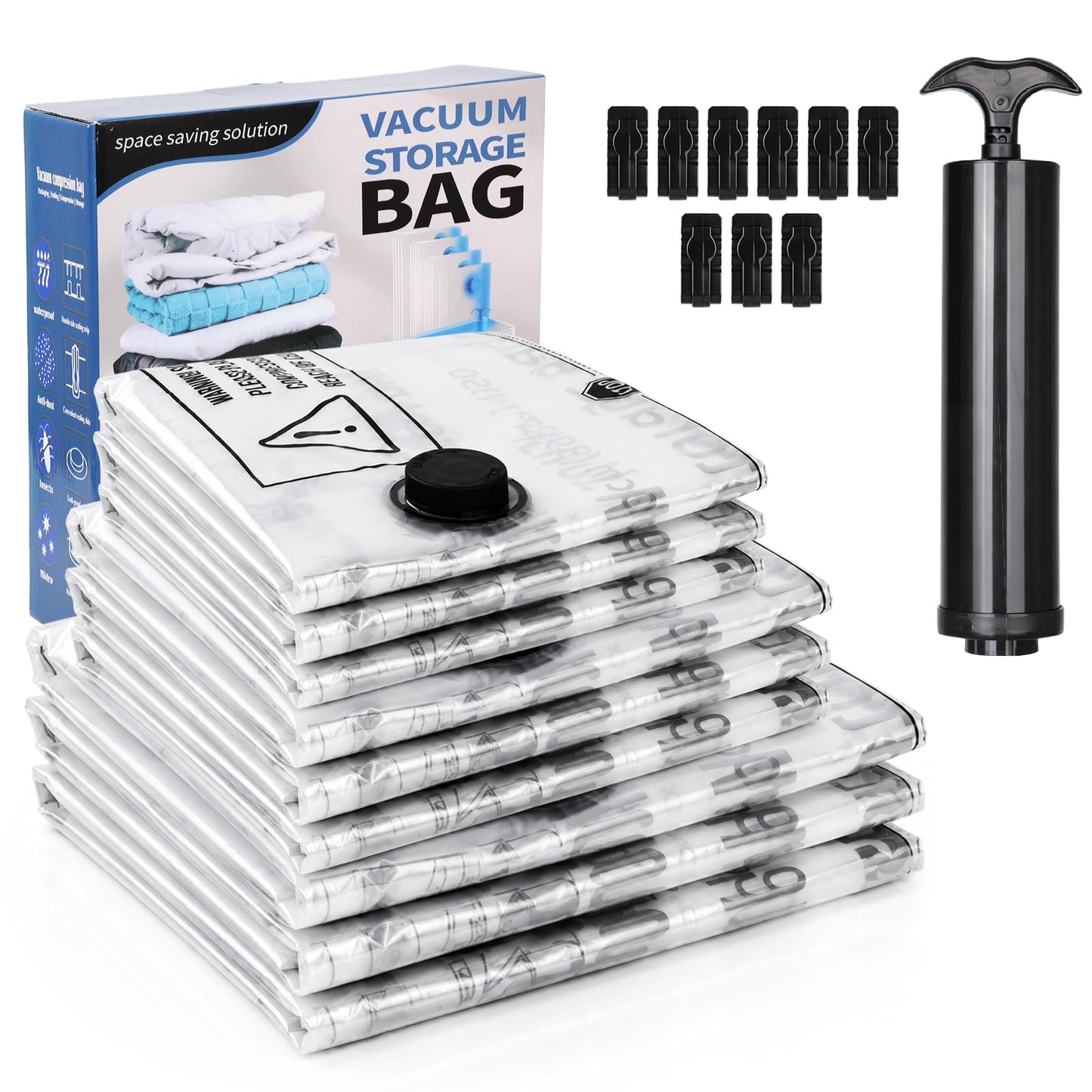 Bighan Vacuum Storage Bags 9 Pack(3 Large + 3 Medium + 3 Small) Reusable Space Saver Bags Vacuum Compression Zipper Storage Bags with Airtight Valve