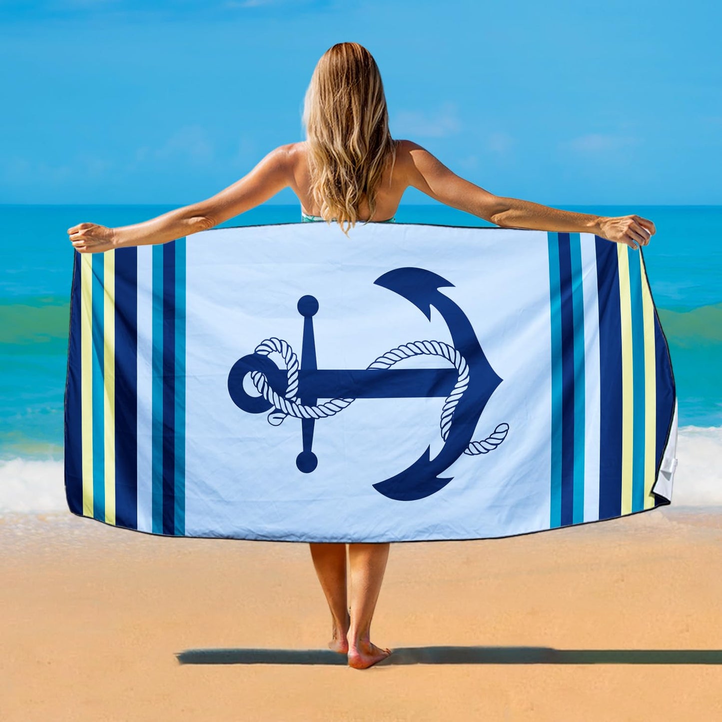 Violetpos Nautical Anchor Beach Towel, Extra Large 180x90 cm 250GSM Microfibre, Sand Free Quick Dry