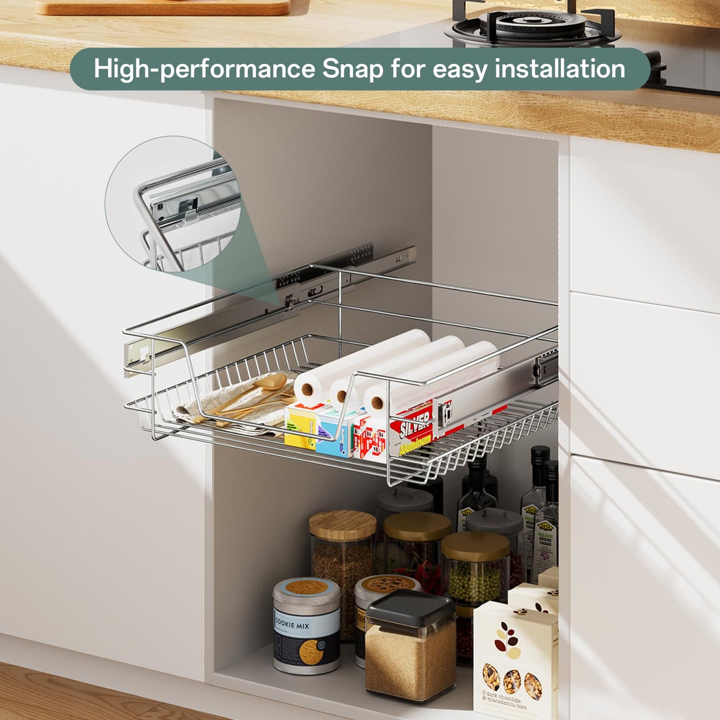 XEMQENER Heavy Duty Kitchen Pull Out Wire Baskets Base Storage Unit, 600MM Slide Out Kitchen Utensil Holder Rack Larder Drawers Origanize with Buffer