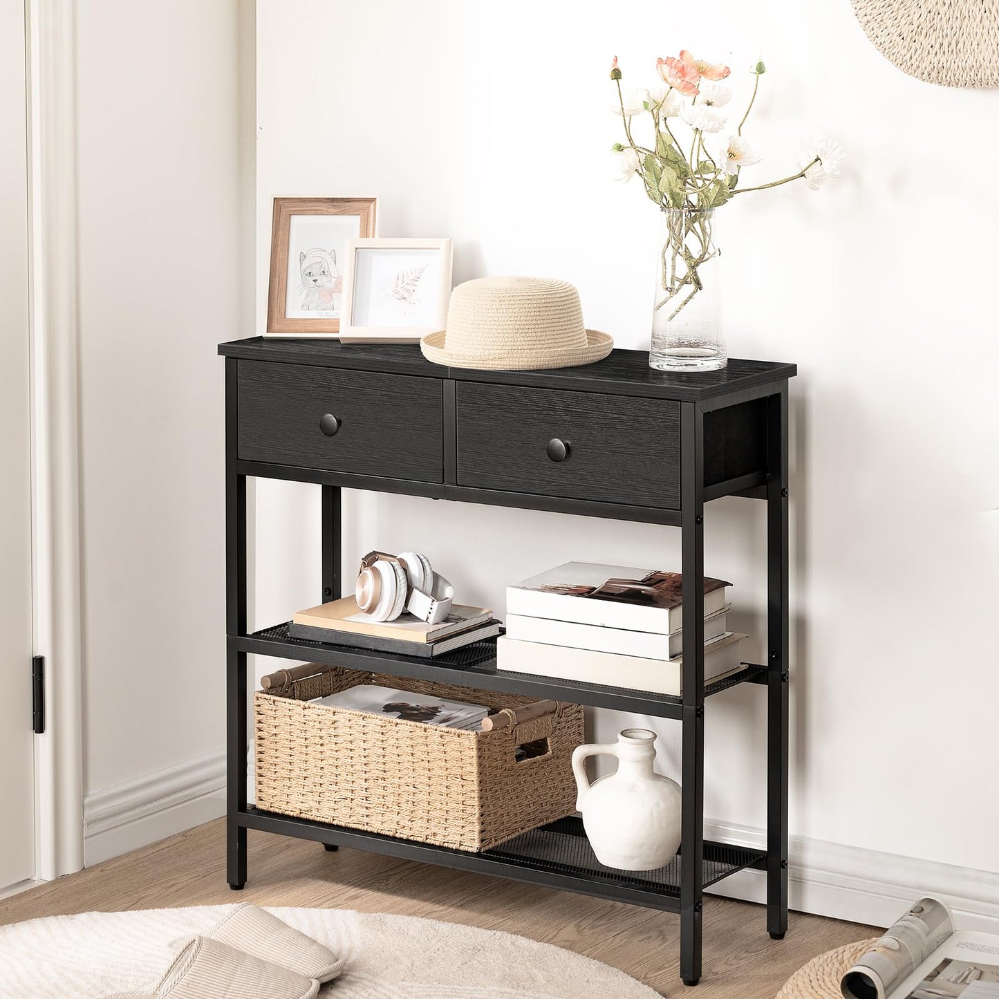 HOOBRO Console Table, Slim Console Table with 2 Non-woven Drawers, Hallway Table with Storage, Slim Sofa Table for Small Spaces, Living Room