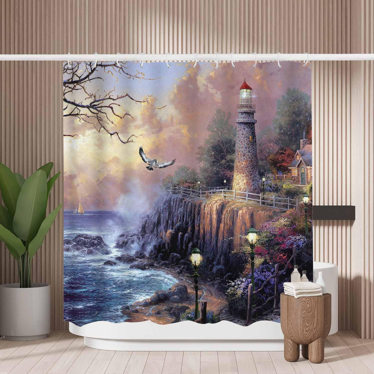Woutay Shower Curtain Mould Proof Resistant Seaside Lighthouses and Cabins Painting,Water Repellant Fabric,Polyester,with 12 Plastic Hooks,Size