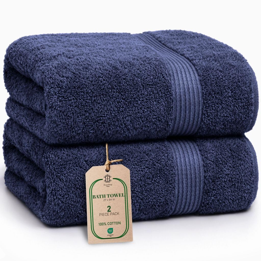 HomeBurg Luxe 2-Piece Bath Towel Set – Large Soft Cotton Towels, Absorbent, Durable & Skin-Friendly, Machine Washable, 65 × 137 cm, Navy Blue