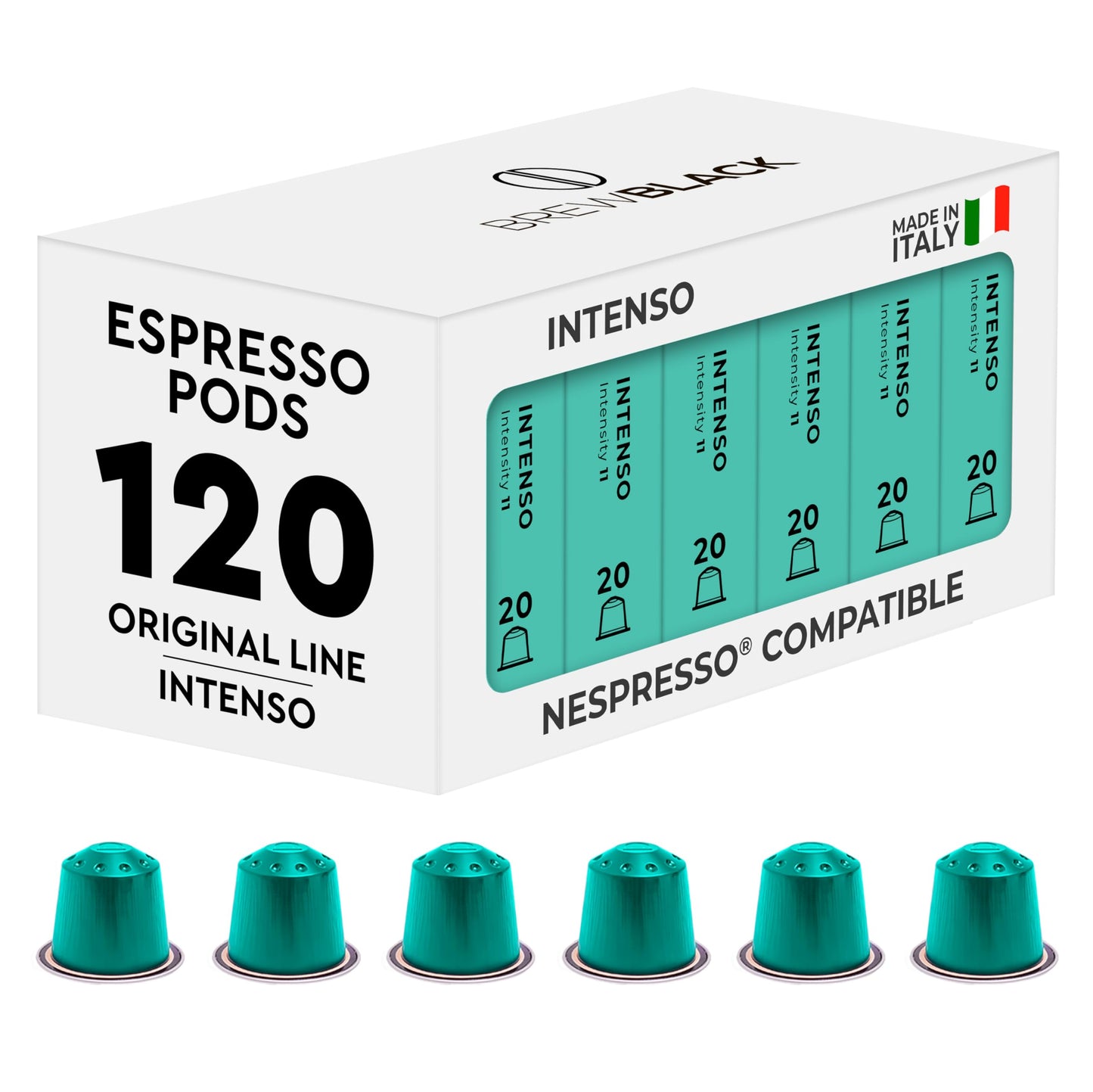 BrewBlack Intenso Coffee Capsules - 120 Aluminium Coffee Pods Compatible with Nespresso Original line, Dark Roast - Intensity 11/12, Made in Italy