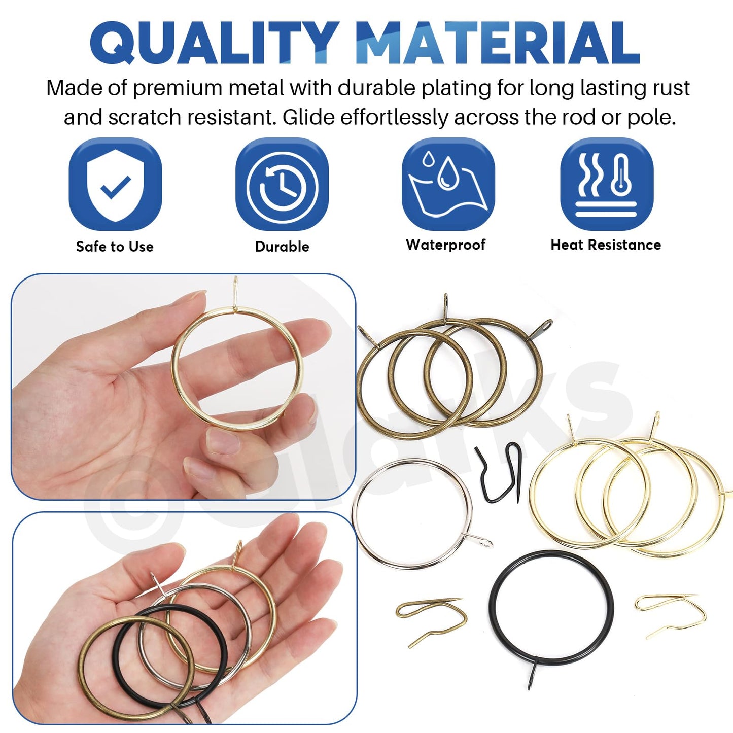 Glarks 30 Sets 50mm/2inch Verdigris Metal Drapery Curtain Hanging Rings Set, includes 30pcs Curtain Rings and 30pcs Drapery Pin Hooks