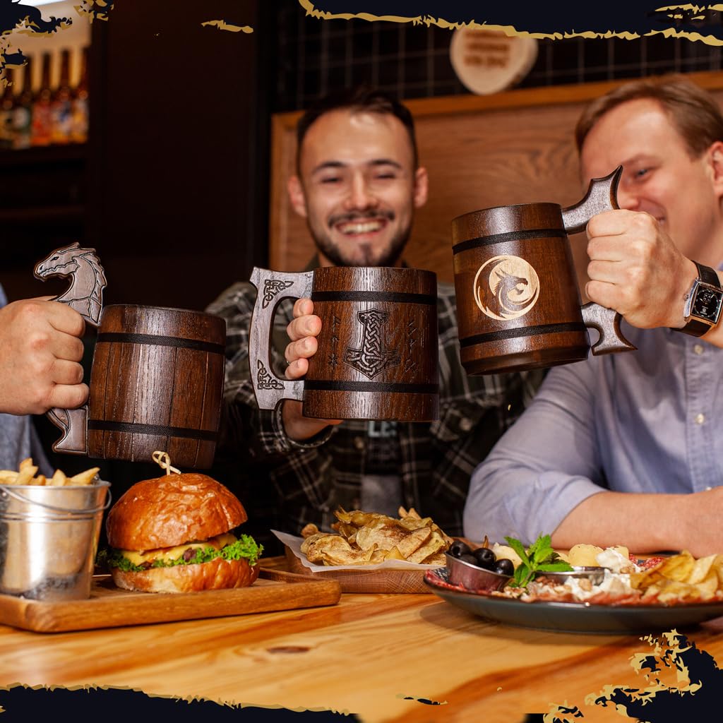 Teslyar Viking Beer Mug Tankard for Men - 0.6 liters 20 Ounces Handmade Oak Wood Stainless Steel Cup Authentic Design Xmas Gift | Birthday Gift|Gifts