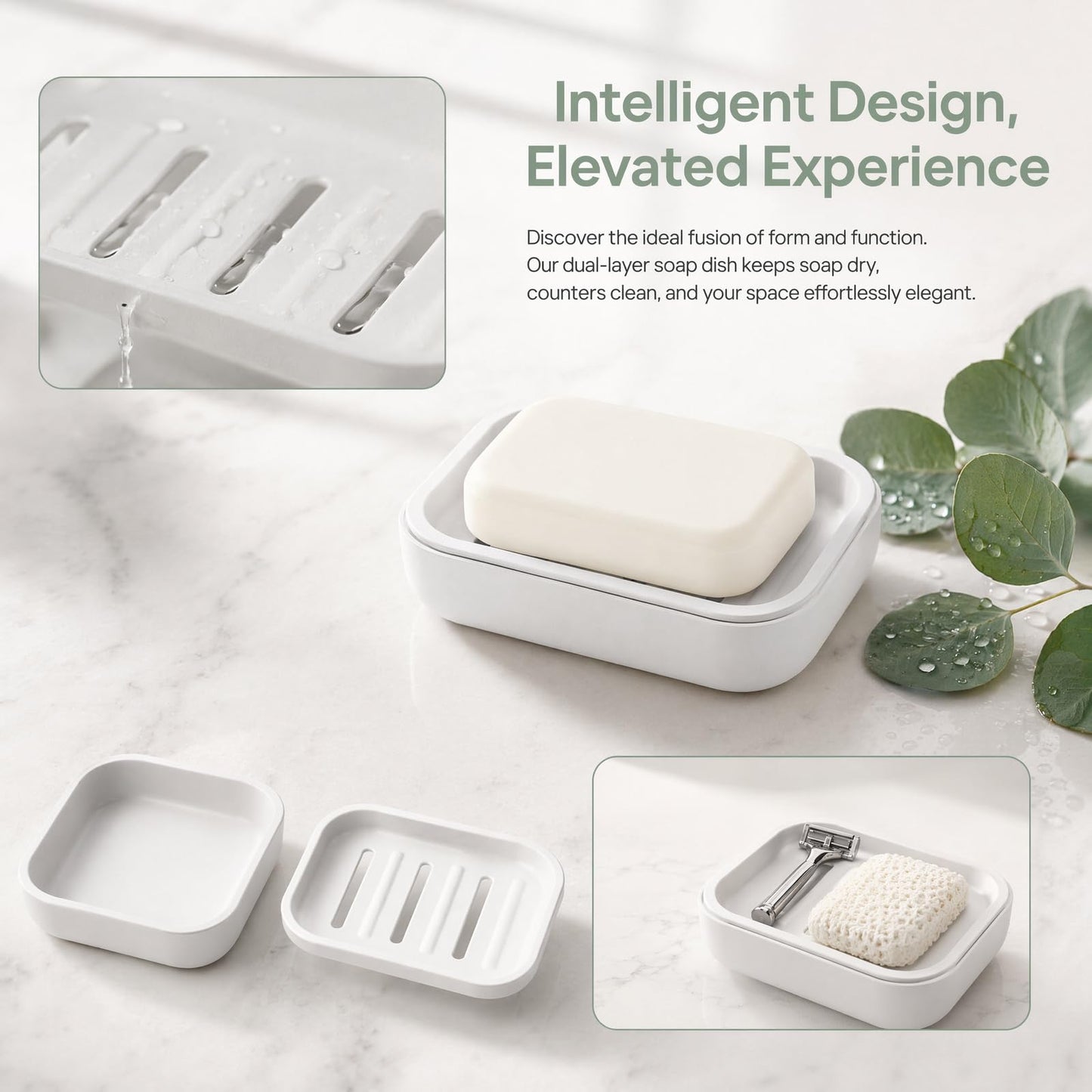 Soap Dish with Drainage, Plastic Soap Holder (White)