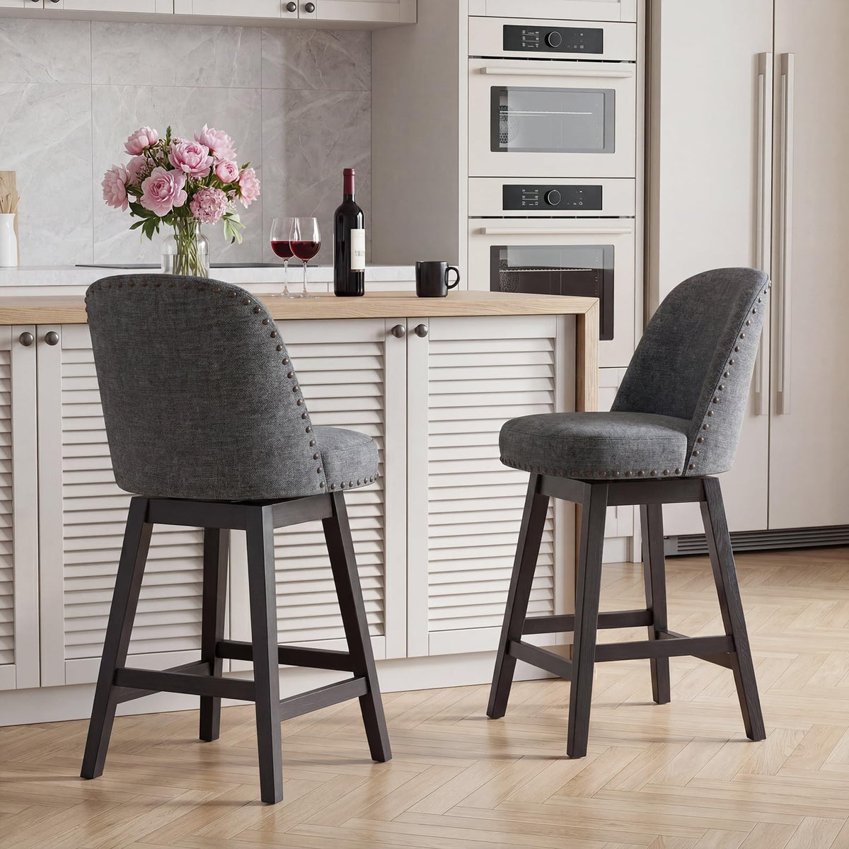 Bar Stools Set of 2, 360° Swivel Counter Stools with Upholstered Seat, Wooden Frame & Nailhead Trim